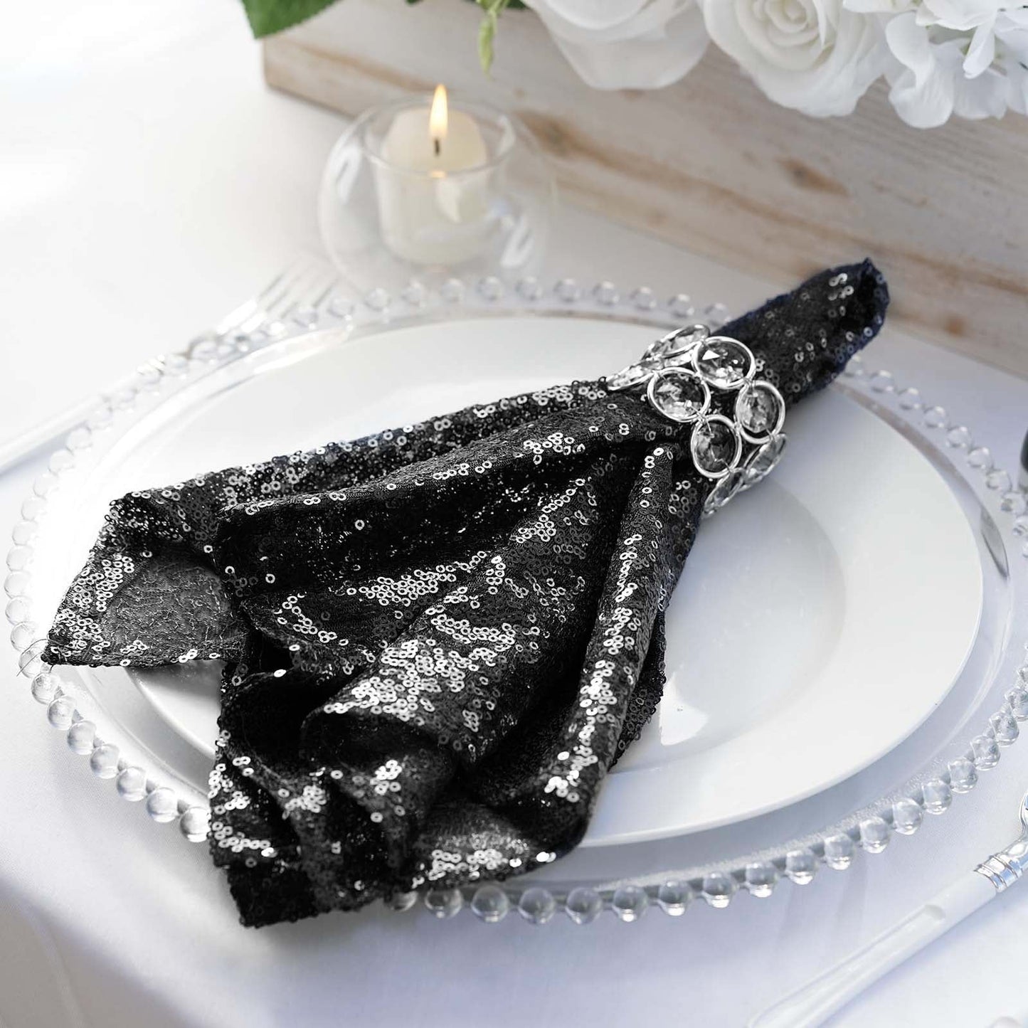 20”x20” Black Sequin Cloth Dinner Napkin | Reusable Linen