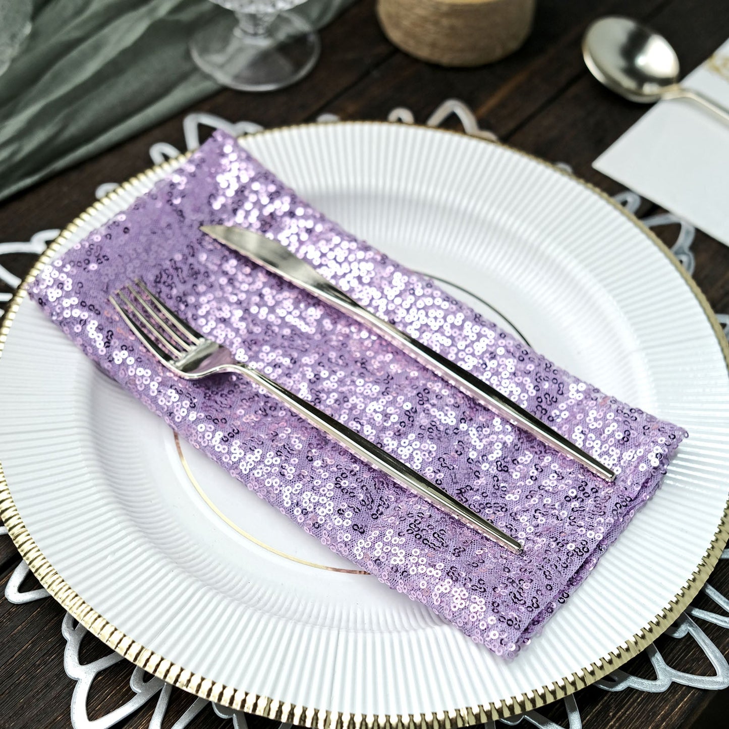 20inch x 20inch Lavender Lilac Premium Sequin Cloth Dinner Napkin | Reusable Linen