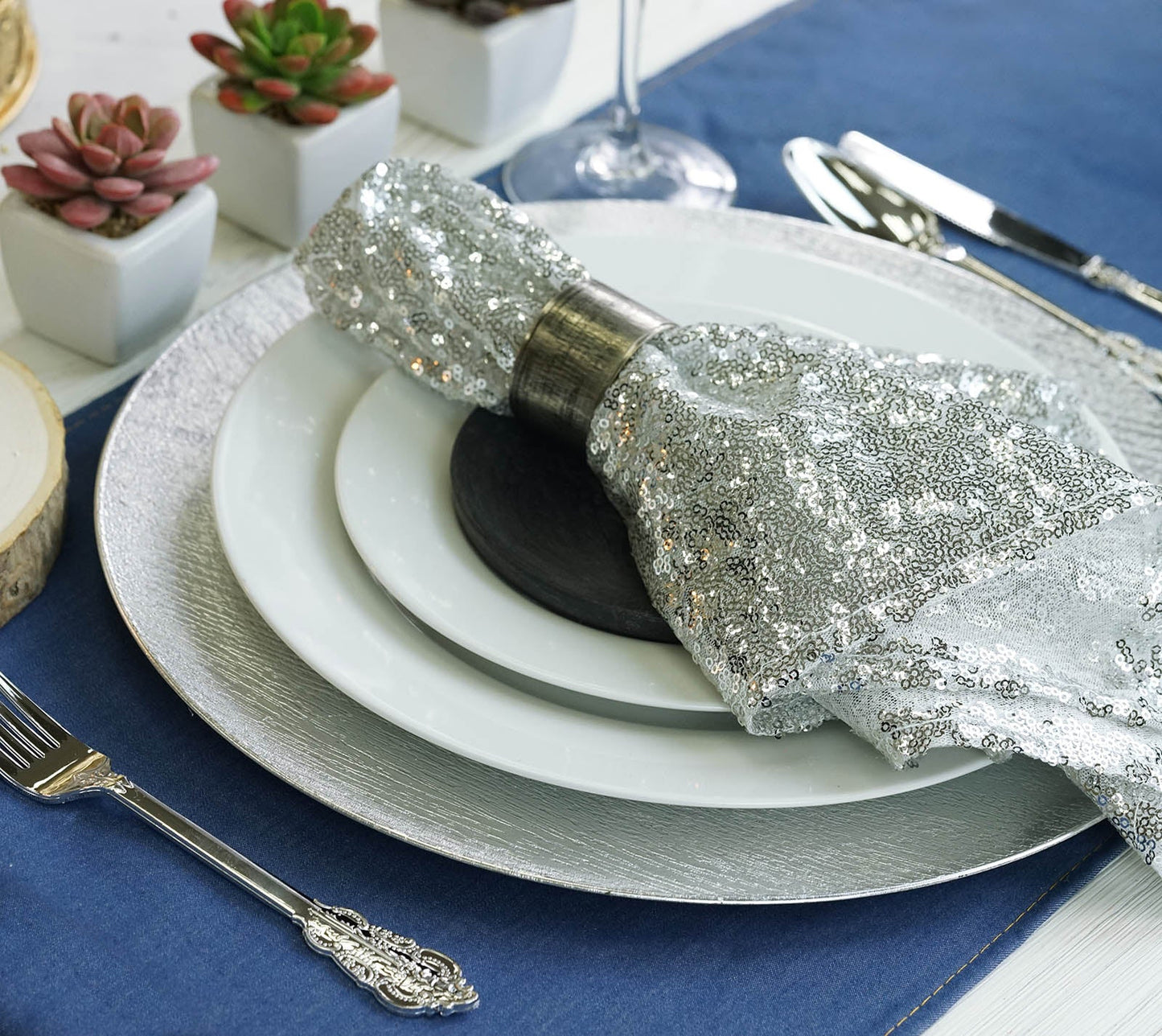 Dinner Napkin In Silver Premium Sequin Fabric 20 Inch x 20 Inch