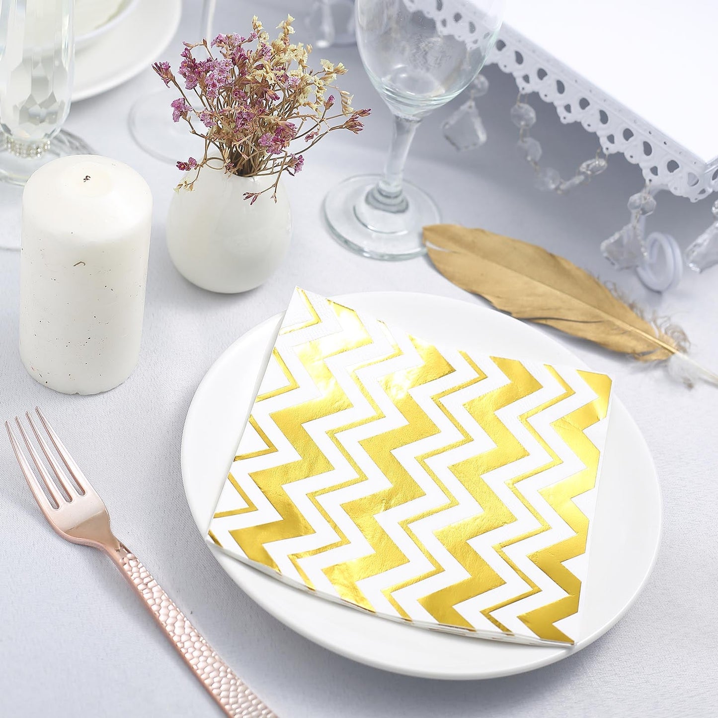20 Pack - 3 Ply Metallic Gold Chevron Paper Dinner Napkins - Wedding Cocktail Napkins
