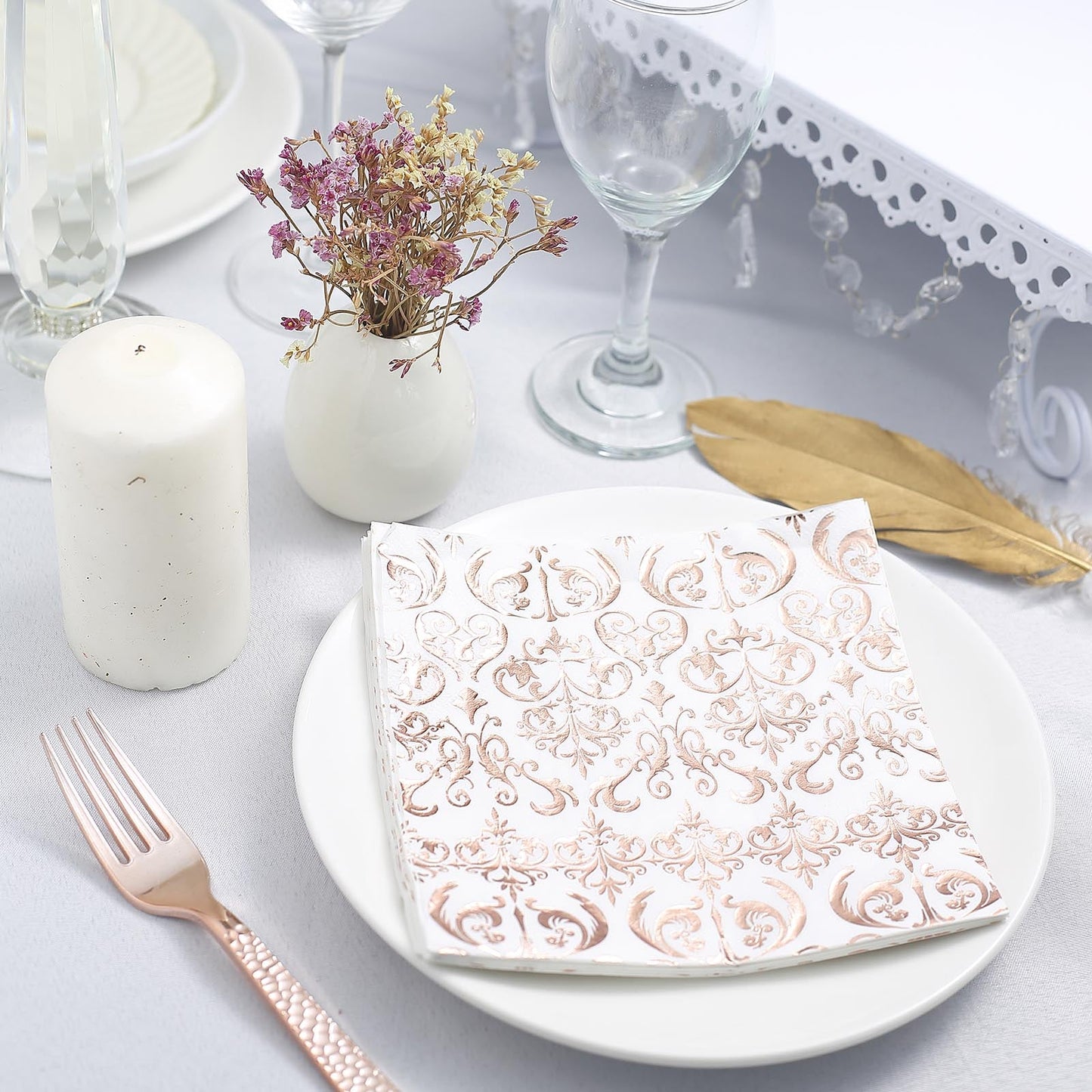 20 Pack Metallic Rose Gold Paper Vintage Pattern Cocktail 3 Ply Dinner Napkins