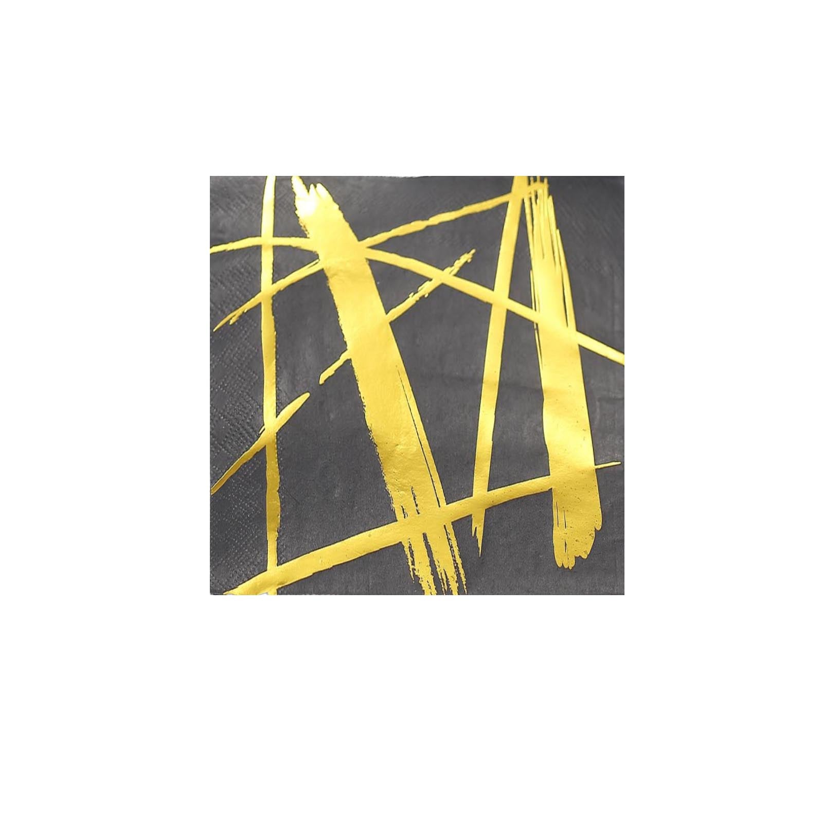 20 Pack - 3 Ply Metallic Gold Streaks Design Black Paper Dinner Napkins - Wedding Cocktail Napkins