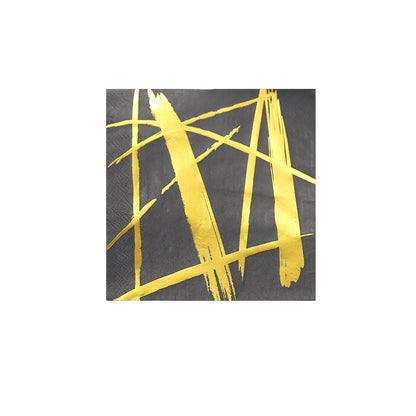 20 Pack - 3 Ply Metallic Gold Streaks Design Black Paper Dinner Napkins - Wedding Cocktail Napkins