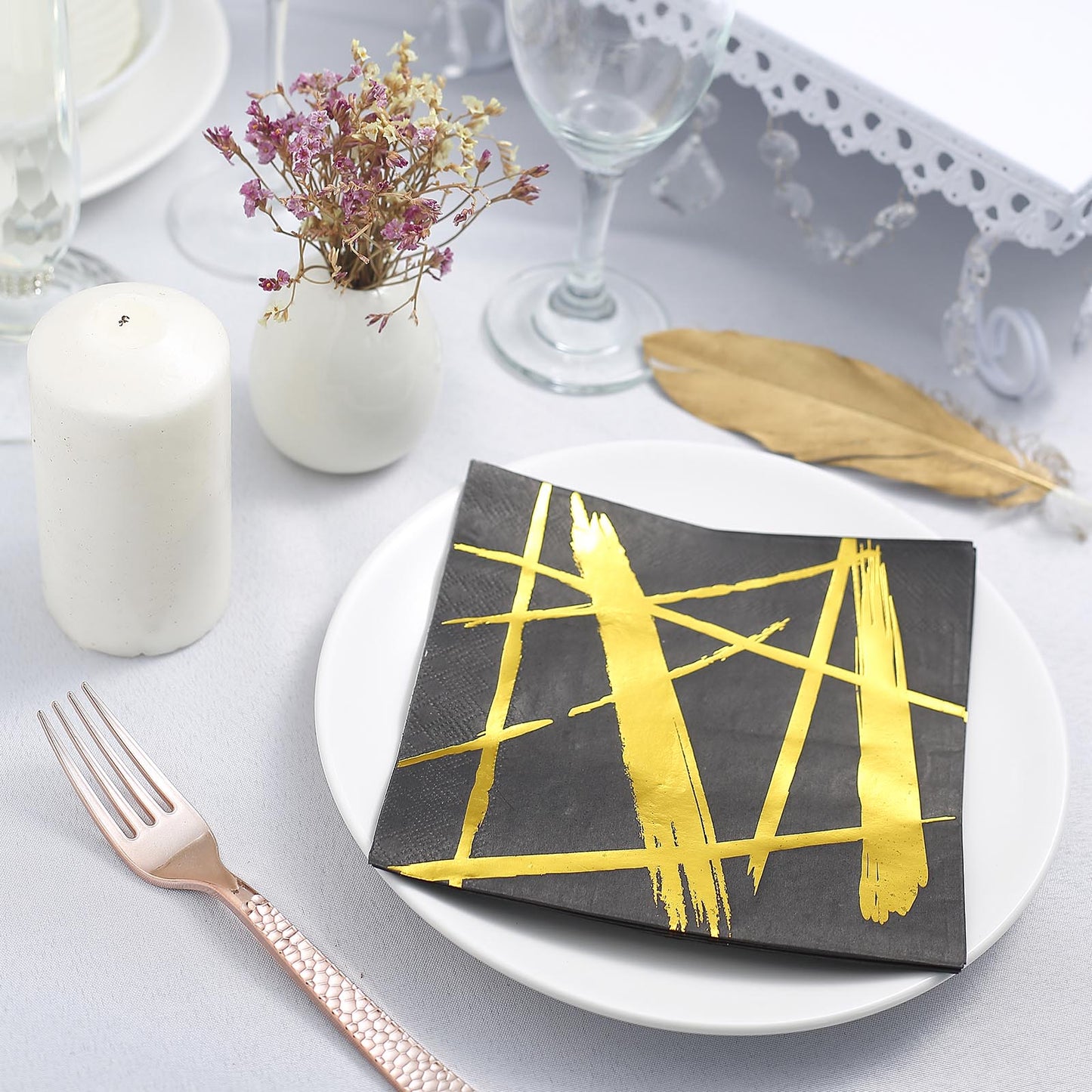 20 Pack | 3 Ply Metallic Gold Streak Design Black Paper Dinner Napkins, Wedding Cocktail Napkins