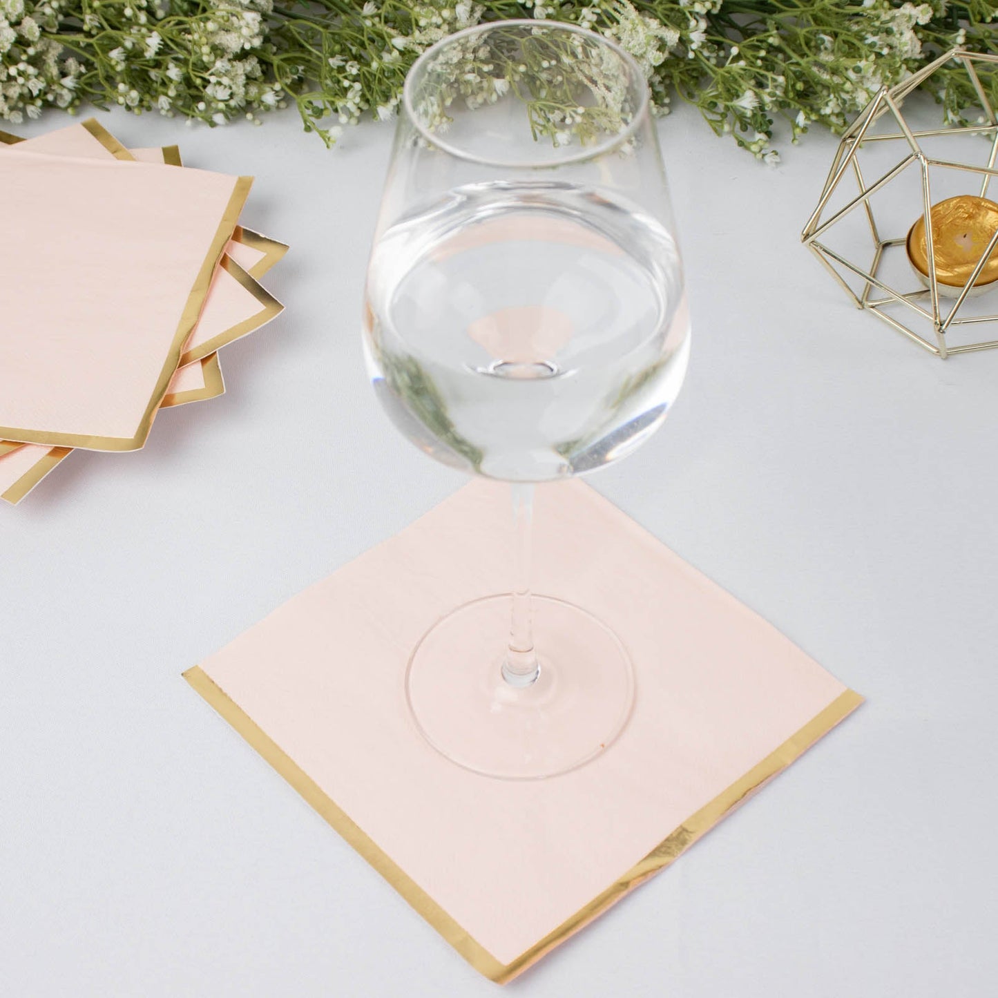 50 Pack Blush Soft 2 Ply Disposable Cocktail Napkins with Gold Foil Edge, Paper Beverage Napkins - 6.5"x6.5"