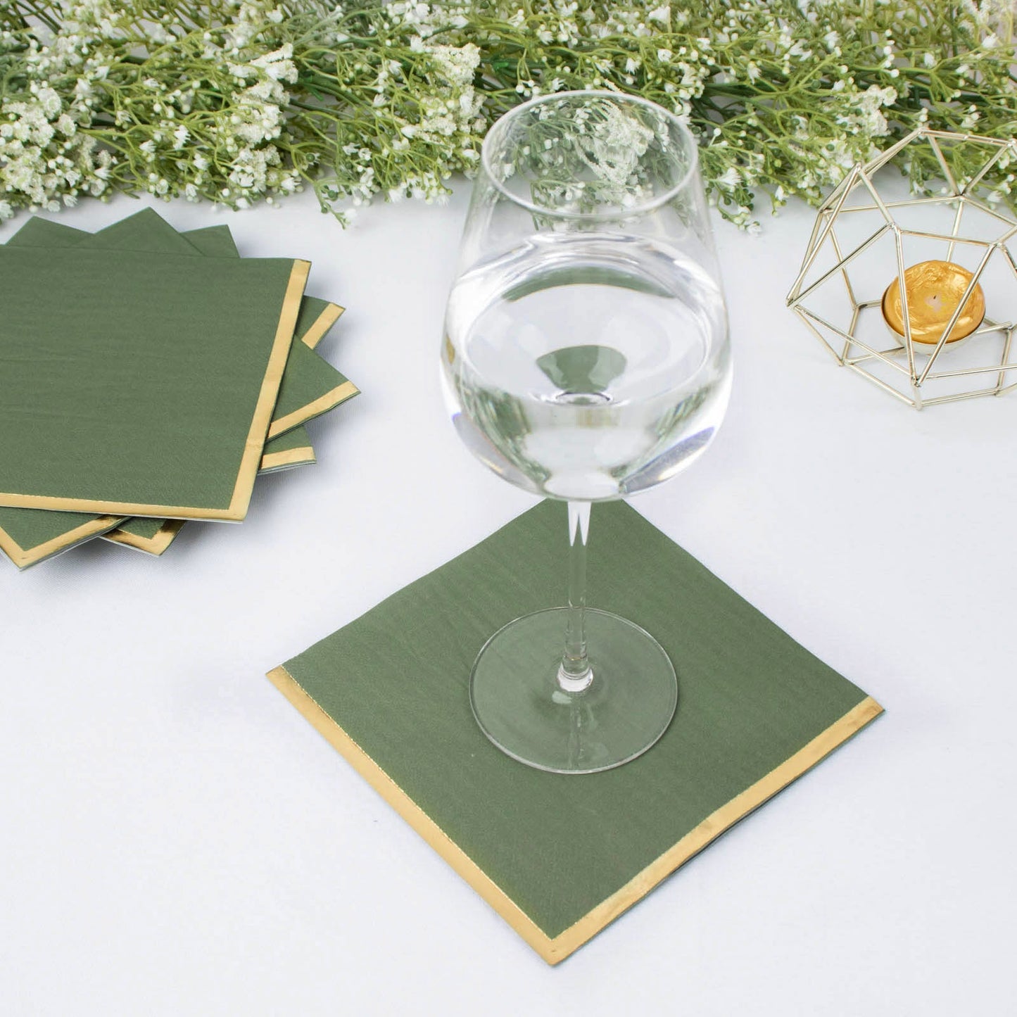 50 Pack Dusty Sage Green Soft 2 Ply Disposable Cocktail Napkins with Gold Foil Edge, Paper Beverage Napkins - 6.5"x6.5"