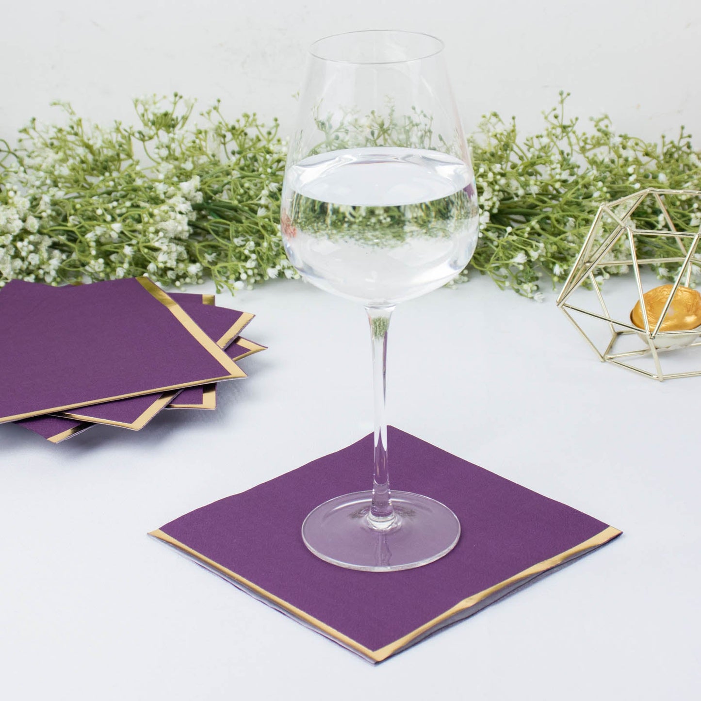 50 Pack | 2 Ply Soft Purple With Gold Foil Edge Party Paper Napkins