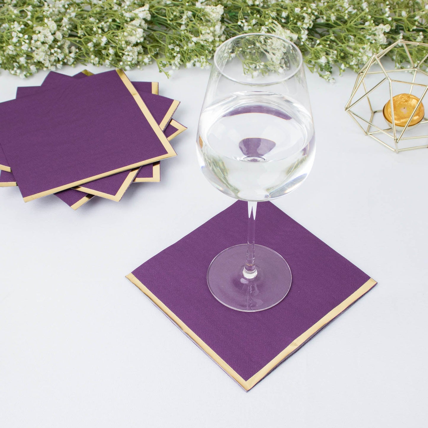 50 Pack Purple Soft 2 Ply Disposable Cocktail Napkins with Gold Foil Edge, Paper Beverage Napkins - 6.5"x6.5"