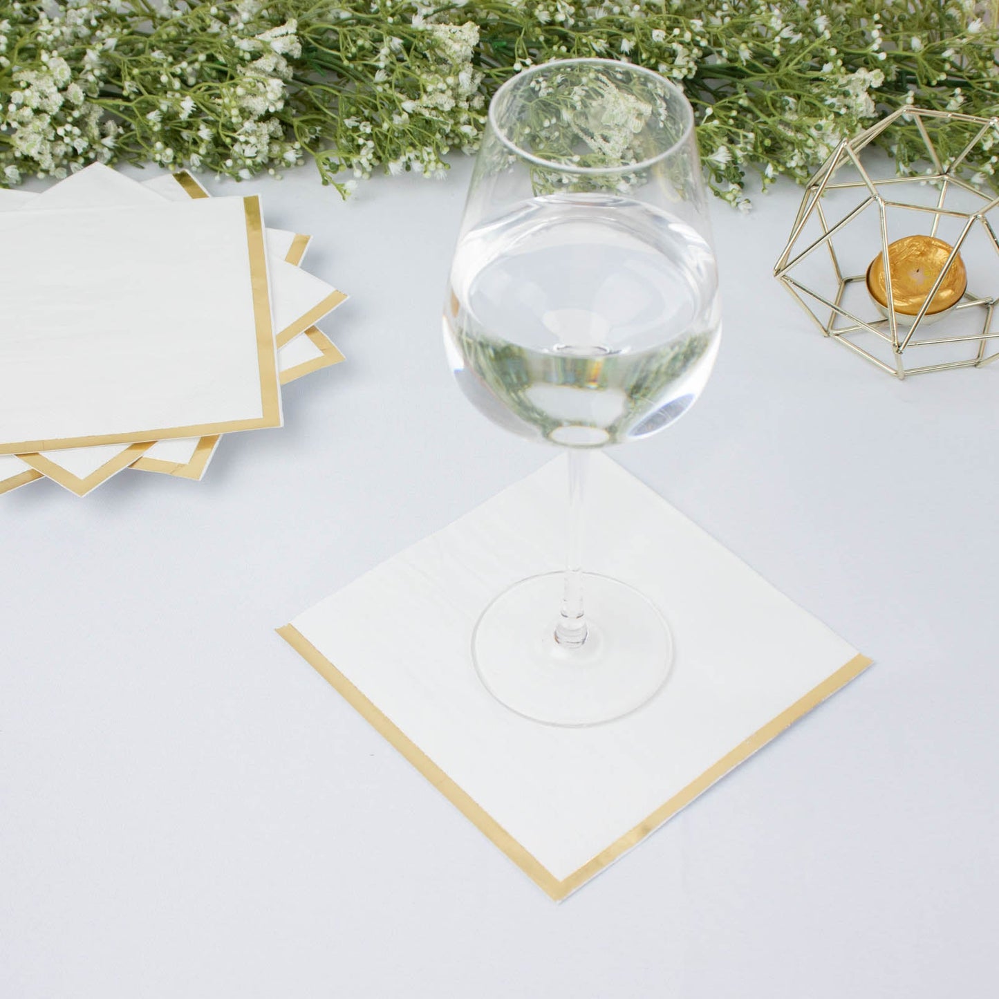 50 Pack White Soft 2 Ply Disposable Cocktail Napkins with Gold Foil Edge, Paper Beverage Napkins - 6.5"x6.5"