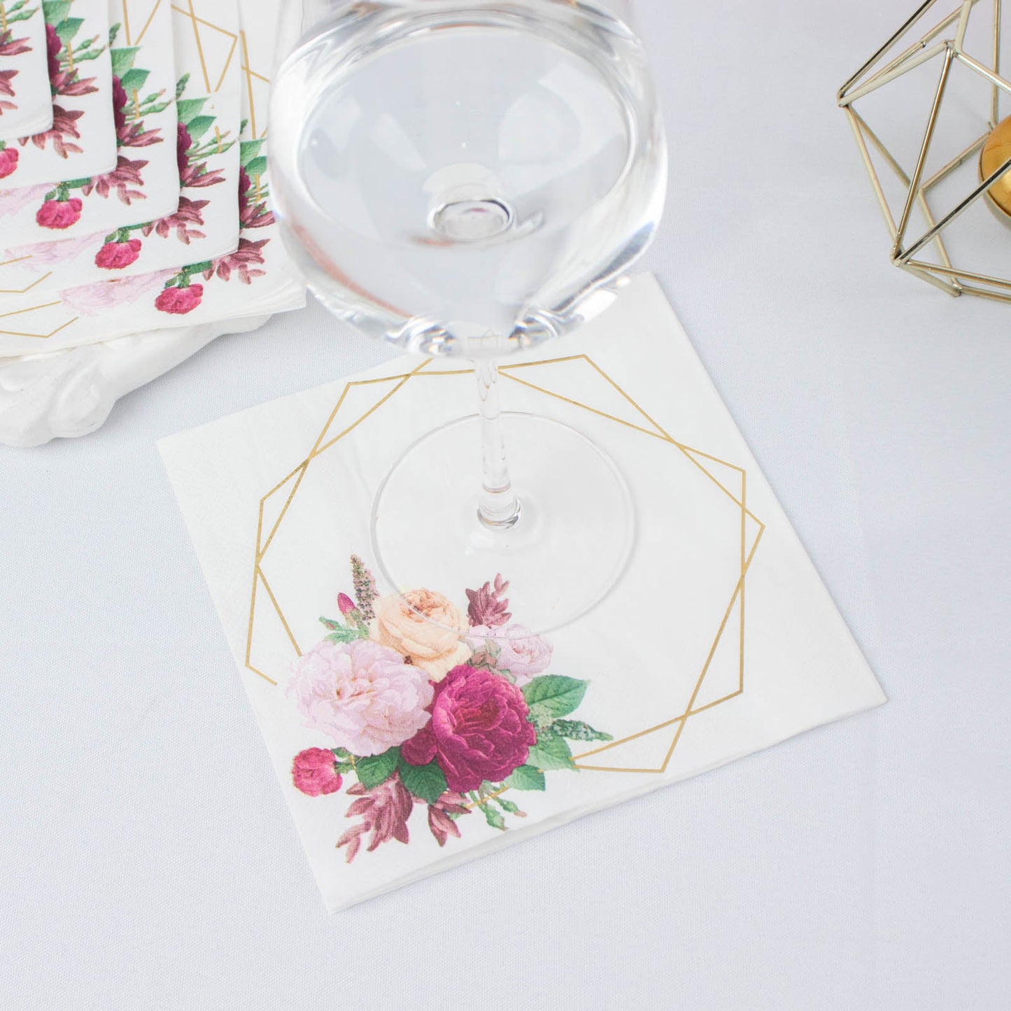 20 Pack | 2 Ply Soft White / Gold Hexagon Frame Floral Paper Napkins, Wedding Dinner Cocktail Beverage Napkins
