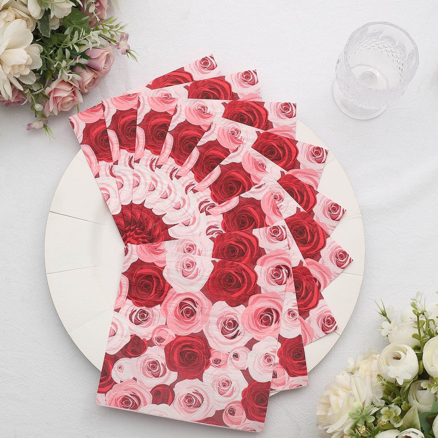 50 Pack | 2 Ply Soft Red / Pink Floral Design Paper Beverage Napkins