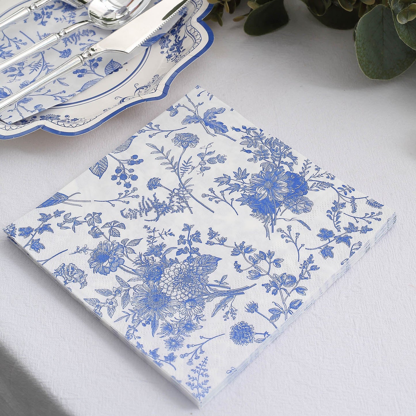 20 Pack White Blue 2-Ply Paper Beverage Napkins in French Toile Print, Highly Absorbent Soft Disposable Cocktail Napkins