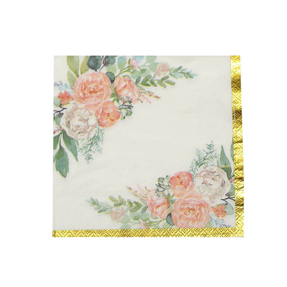 20 Pack | White Gold Trim Pink Peony Floral Design Paper Napkins#whtbkgd
