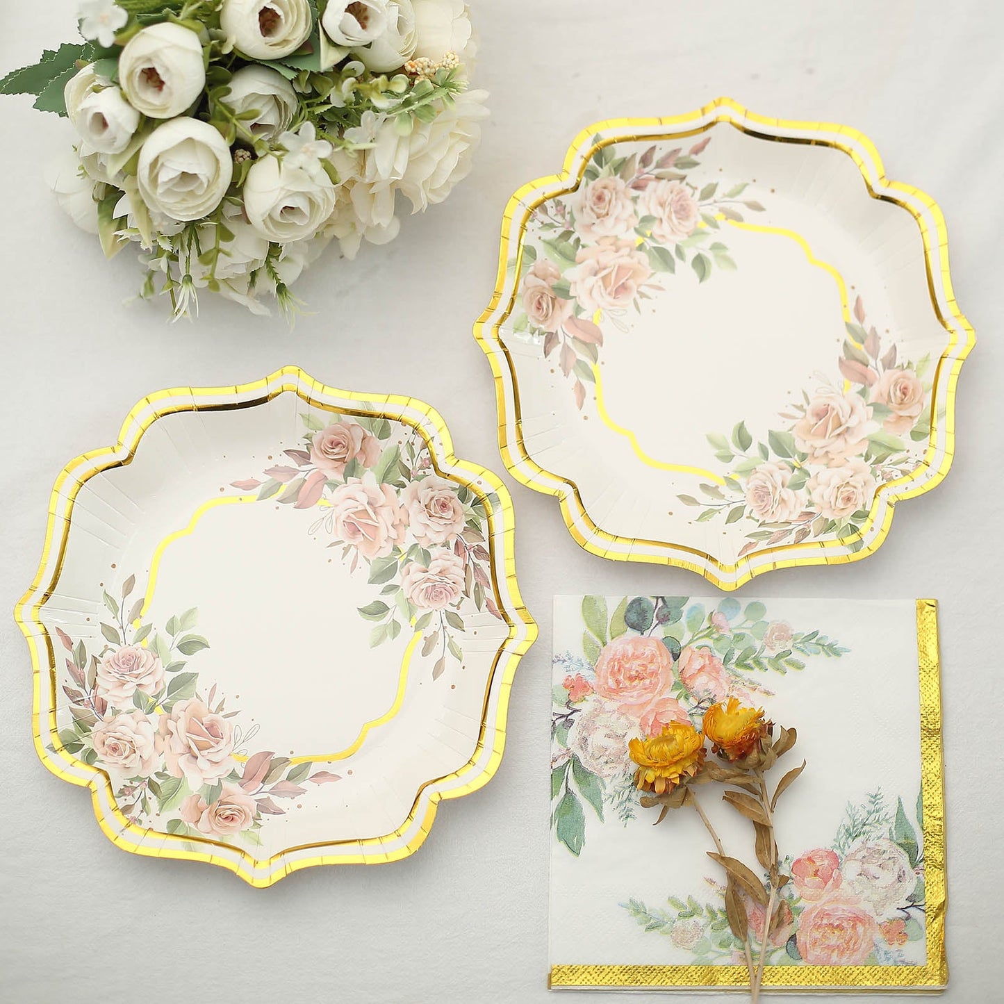 20 Pack | White Gold Trim Pink Peony Floral Design Paper Napkins