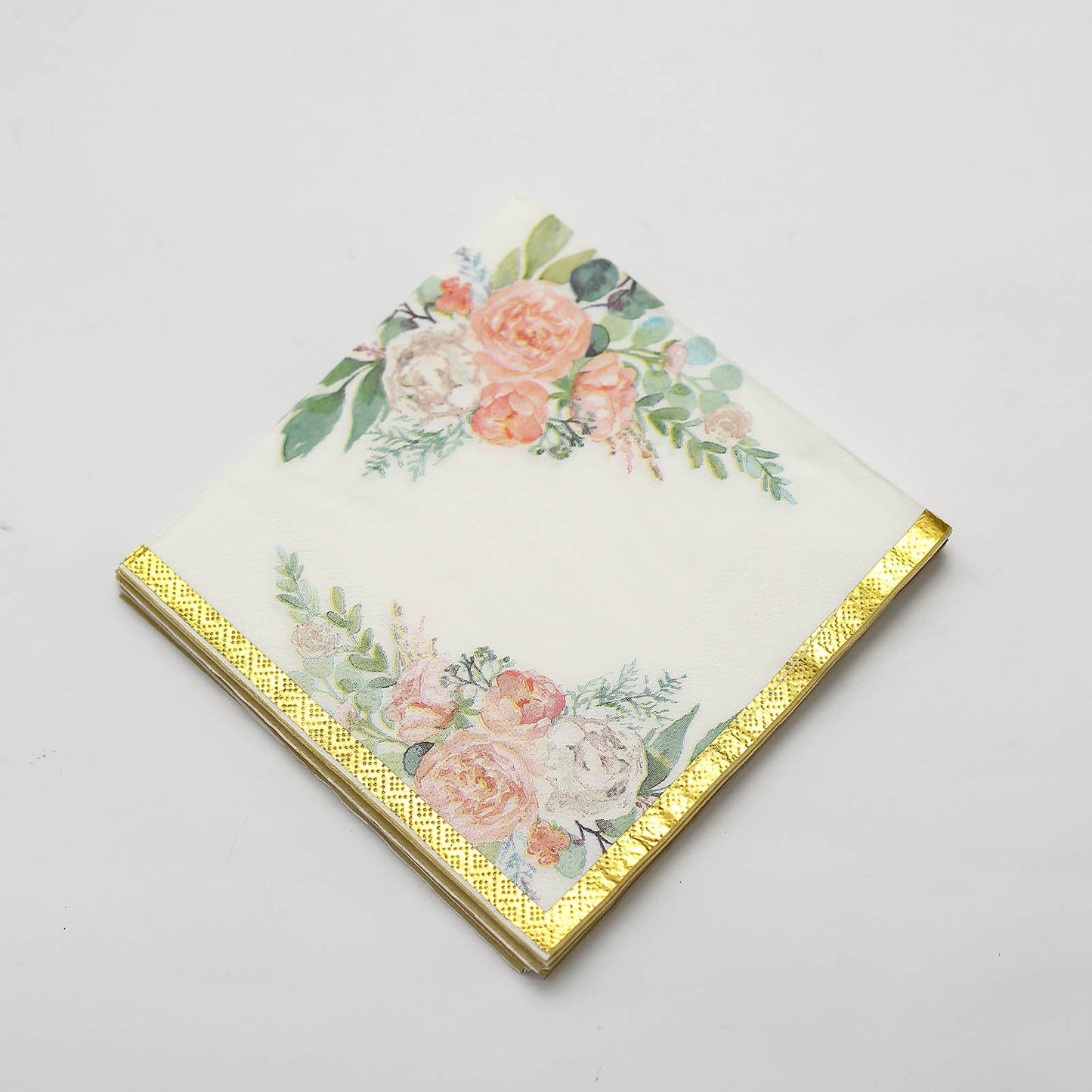 20 Pack | White Gold Trim Pink Peony Floral Design Paper Napkins