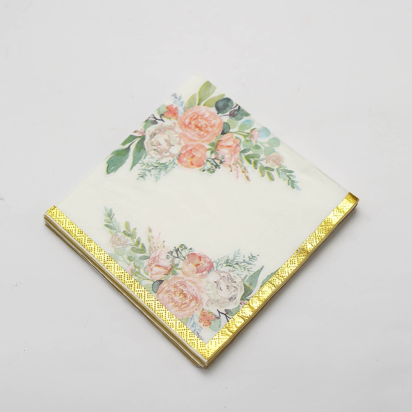 20 Pack | White Gold Trim Pink Peony Floral Design Paper Napkins