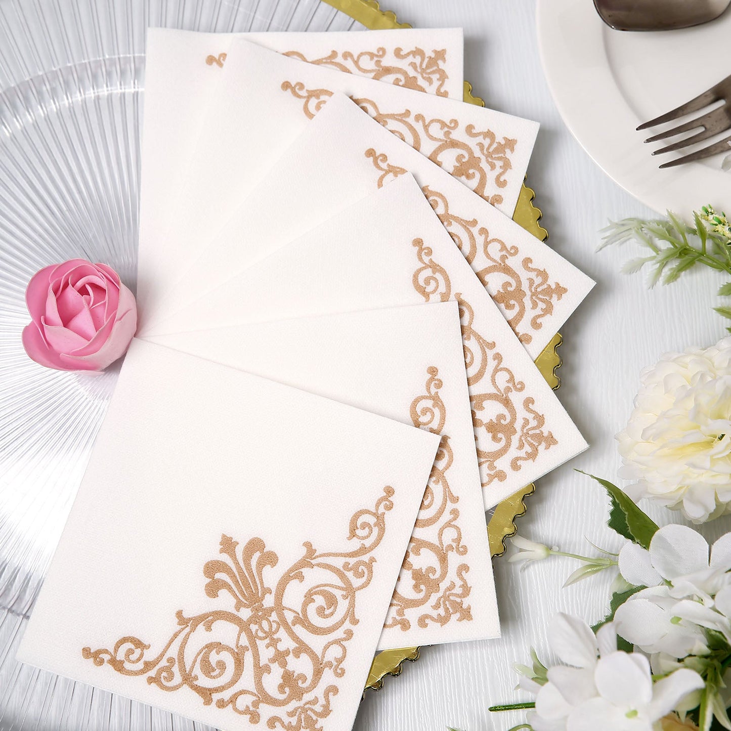 20 Pack White Linen-Feel Cocktail Napkins with Rose Gold Fleur Vintage Print, Premium Cloth-Like Airlaid Paper Beverage Napkins, Disposable Soft and Absorbent Hand Towels