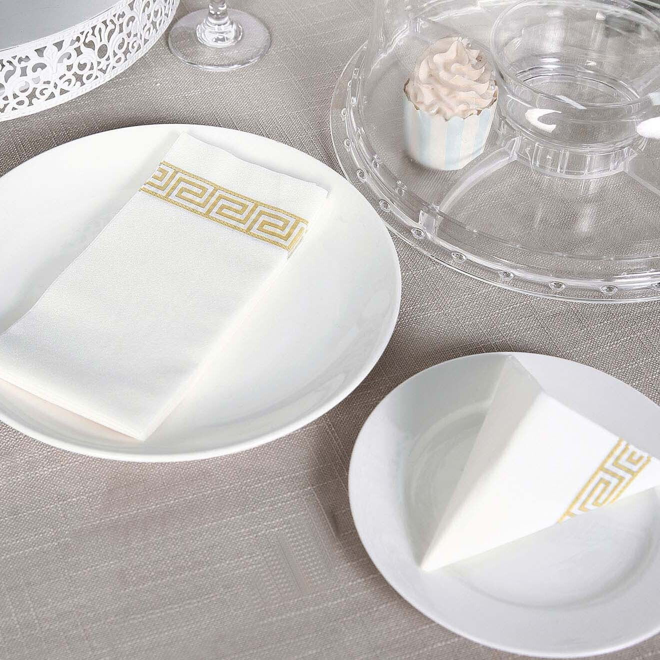 20 Pack Gold Foil Disposable White Airlaid Paper Dinner Napkins | Soft Linen-Feel Hand Towels - Greek Key
