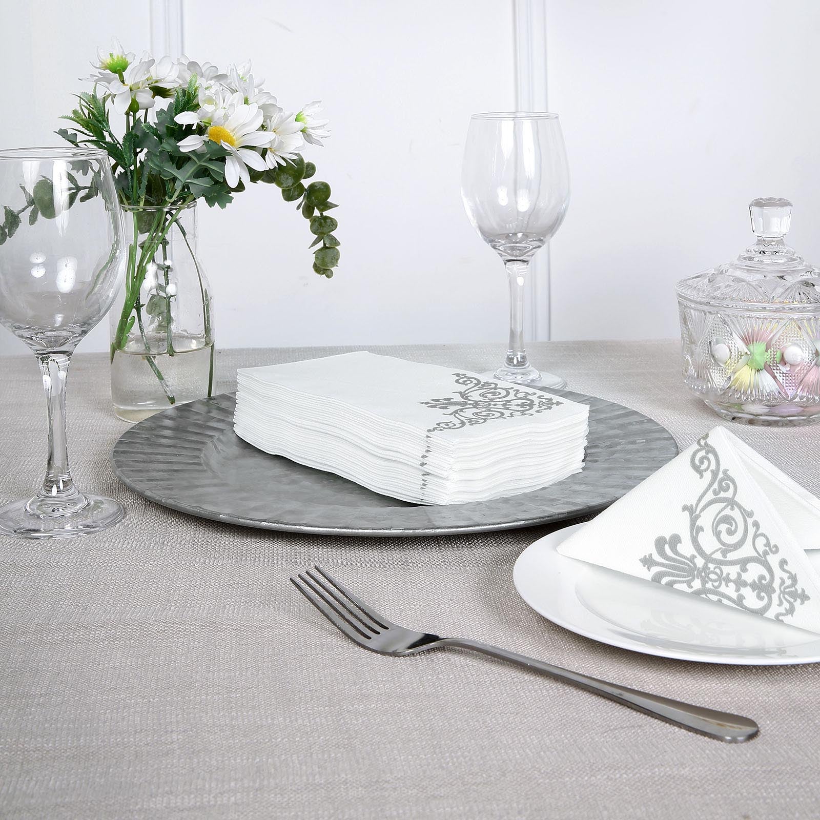 Silver Foil White Airlaid Soft Linen-Feel Paper Dinner Napkins, Disposable Hand Towels Fleur Vintage