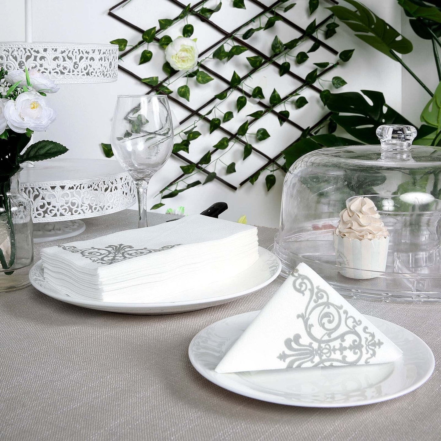 Silver Foil White Airlaid Soft Linen-Feel Paper Dinner Napkins, Disposable Hand Towels Fleur Vintage