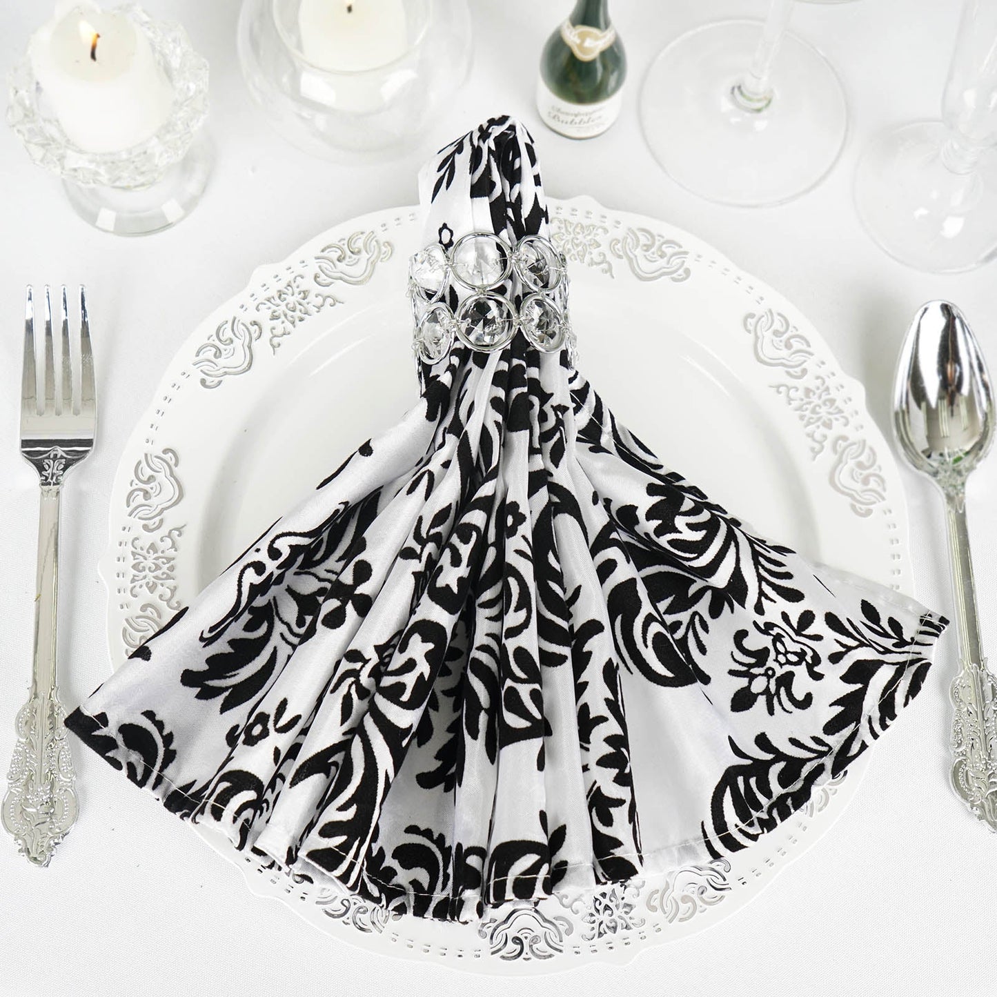 5 Pack | Black/White Damask Flocking Cloth Dinner Napkins, Reusable Linen | 20x20Inch#whtbkgd