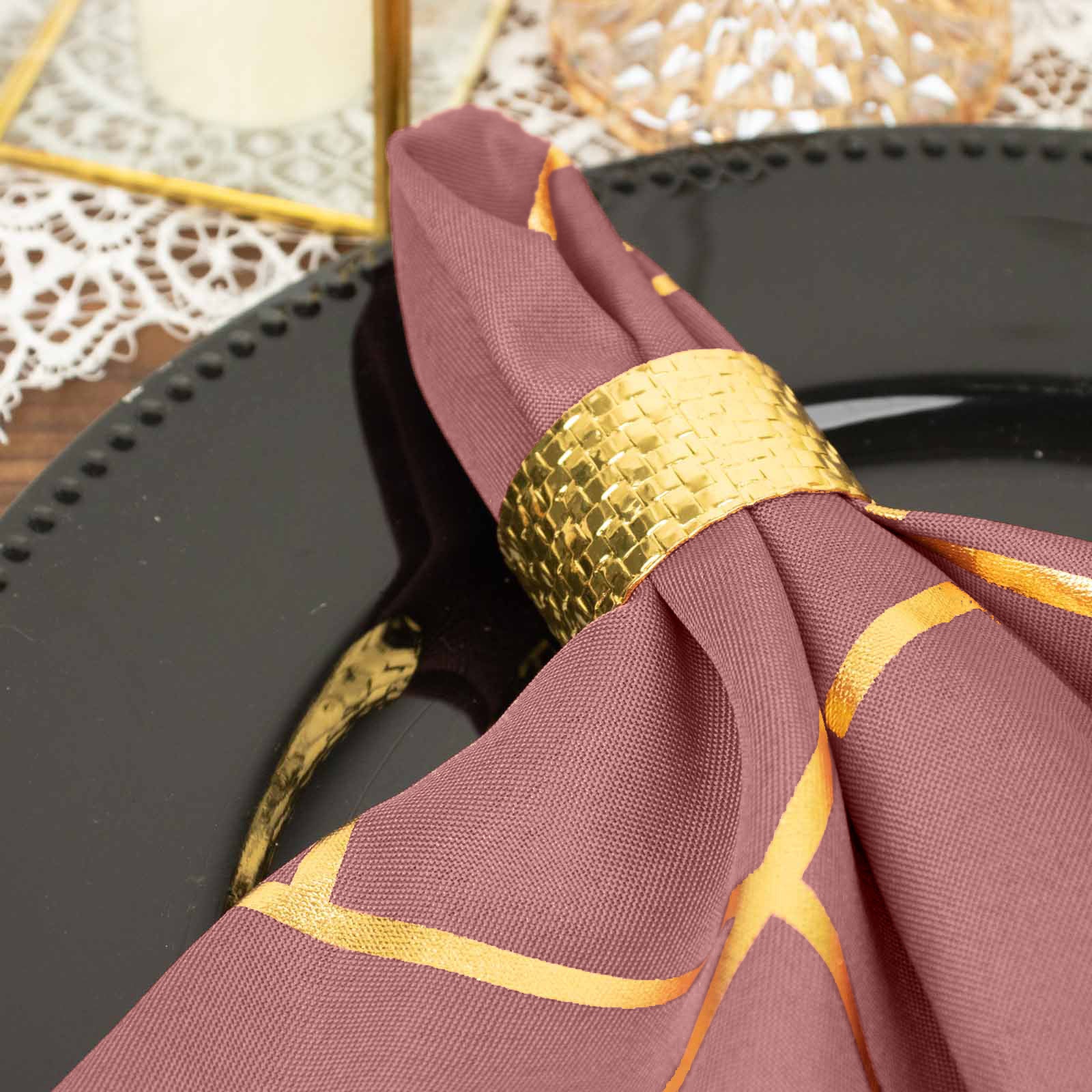 5 Pack | Cinnamon Rose With Geometric Gold Foil Cloth Polyester Dinner Napkins