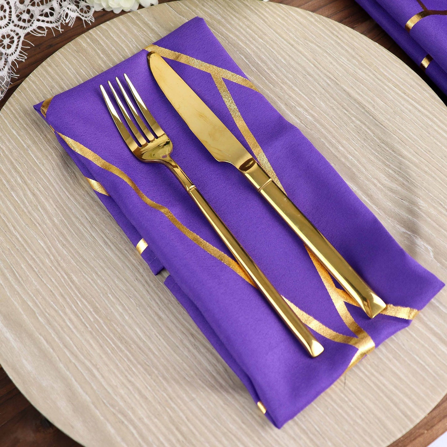 20 Inch x 20 Inch Polyester Purple Cloth Napkins with Gold Foil Geometric Design Pack of 5