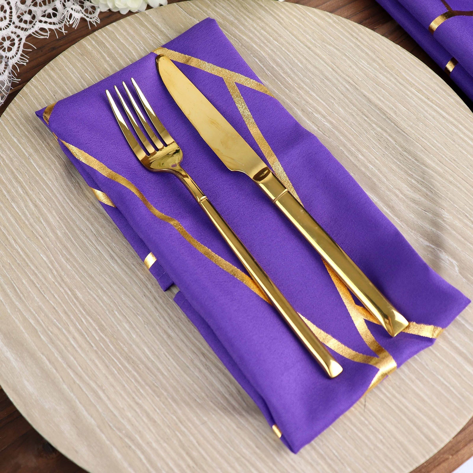 20 Inch x 20 Inch Polyester Purple Cloth Napkins with Gold Foil Geometric Design Pack of 5