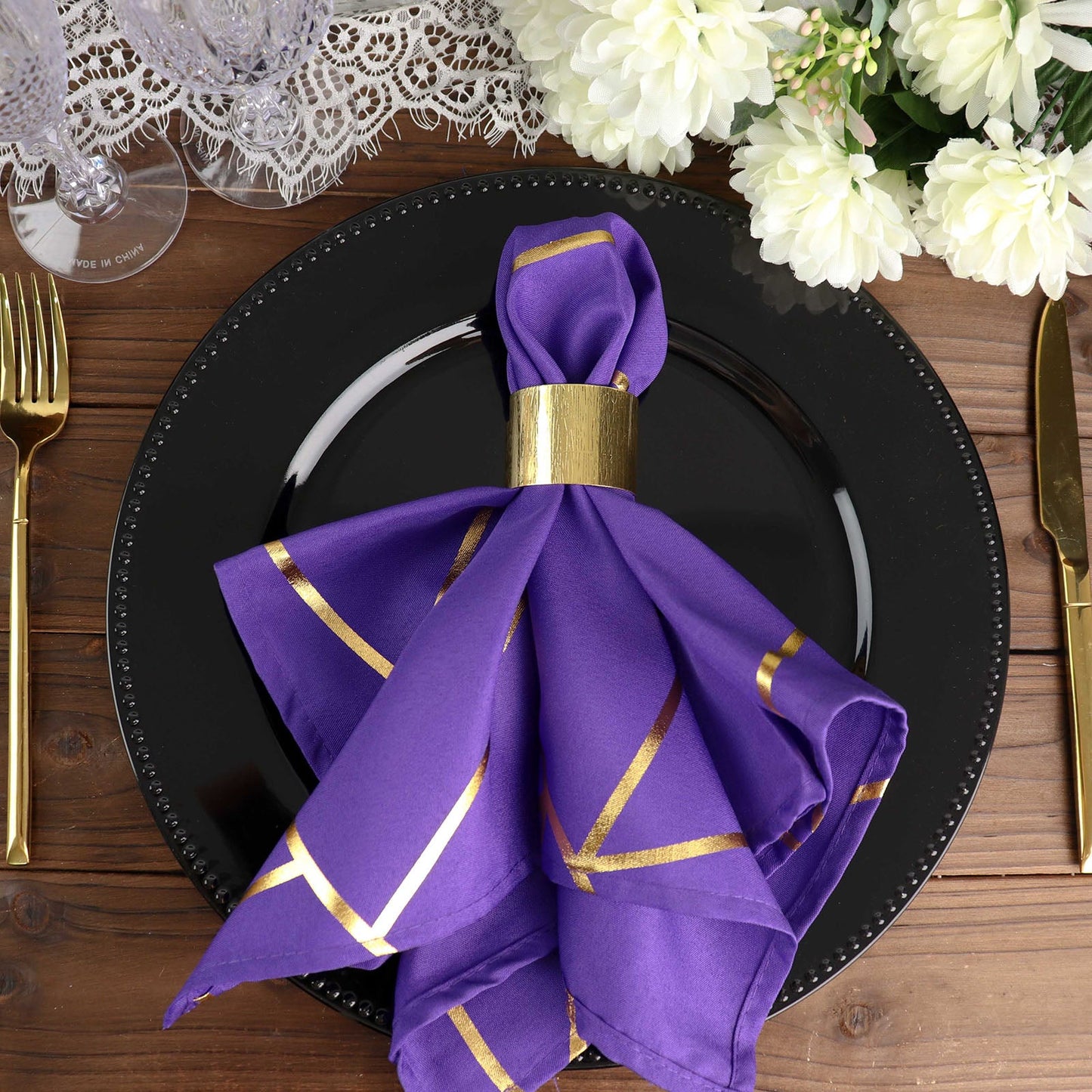5 Pack Purple Polyester Cloth Napkins with Gold Foil Geometric Design 20 Inch x 20 Inch