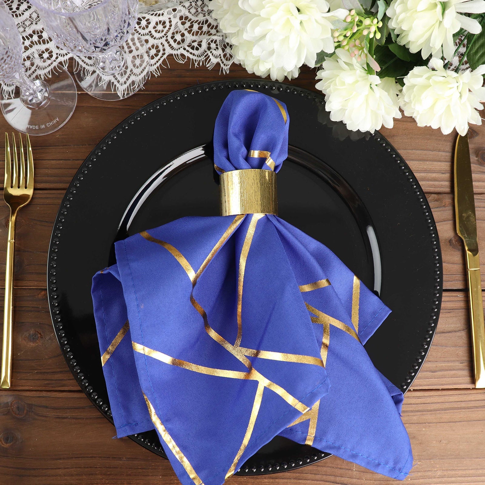 5 Pack Royal Blue Polyester Cloth Napkins with Gold Foil Geometric Design 20 Inch x 20 Inch