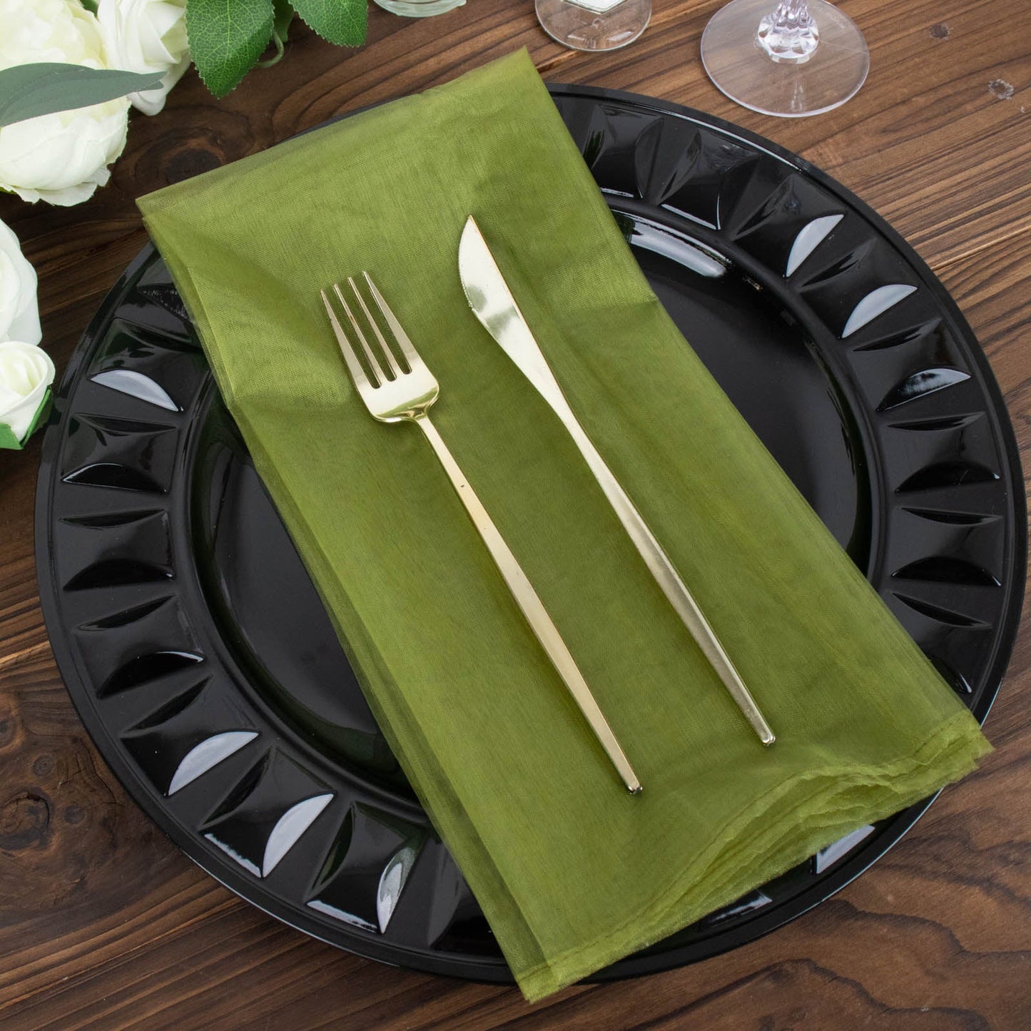 10 Pack | Olive Green Sheer Organza Decorative Dinner Table Napkins - 23x23inch