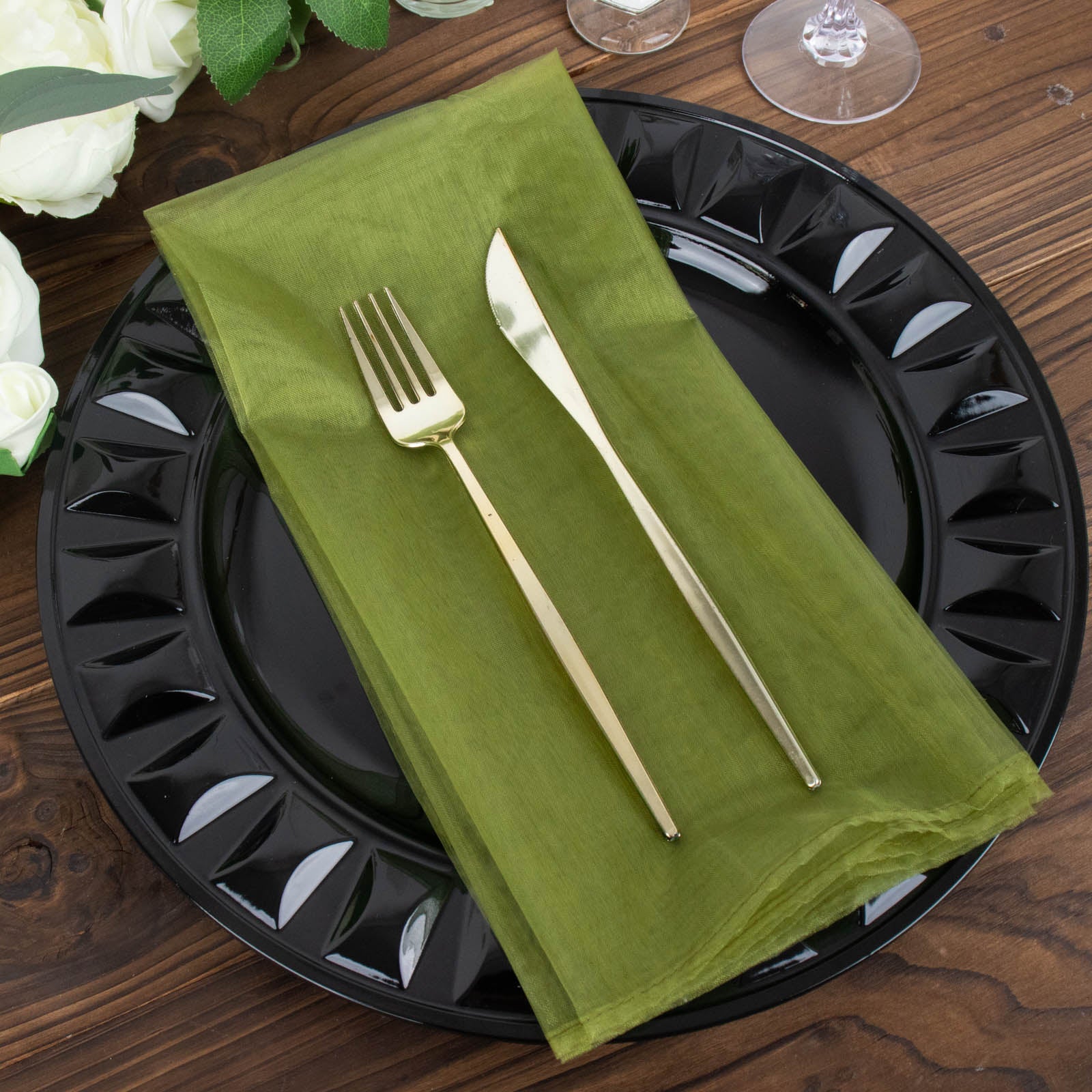 10 Pack | Olive Green Sheer Organza Decorative Dinner Table Napkins - 23x23inch