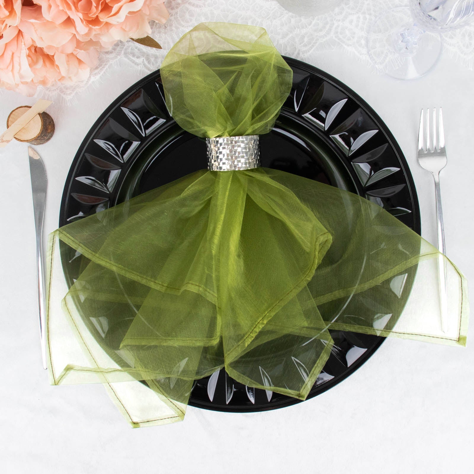 10 Pack | Olive Green Sheer Organza Decorative Dinner Table Napkins - 23x23inch