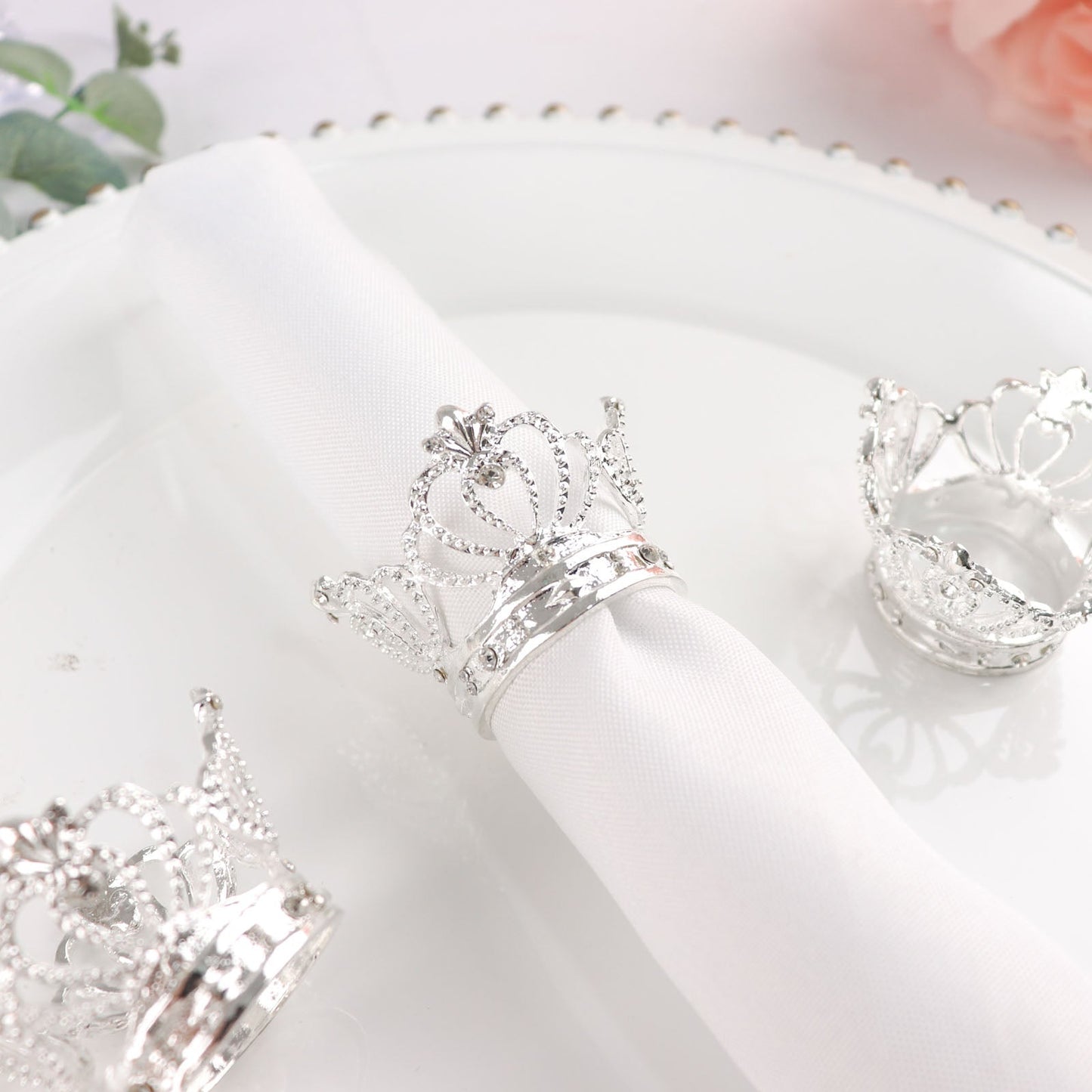 4 Pack of Silver Metallic Crown Rhinestone Napkin Rings