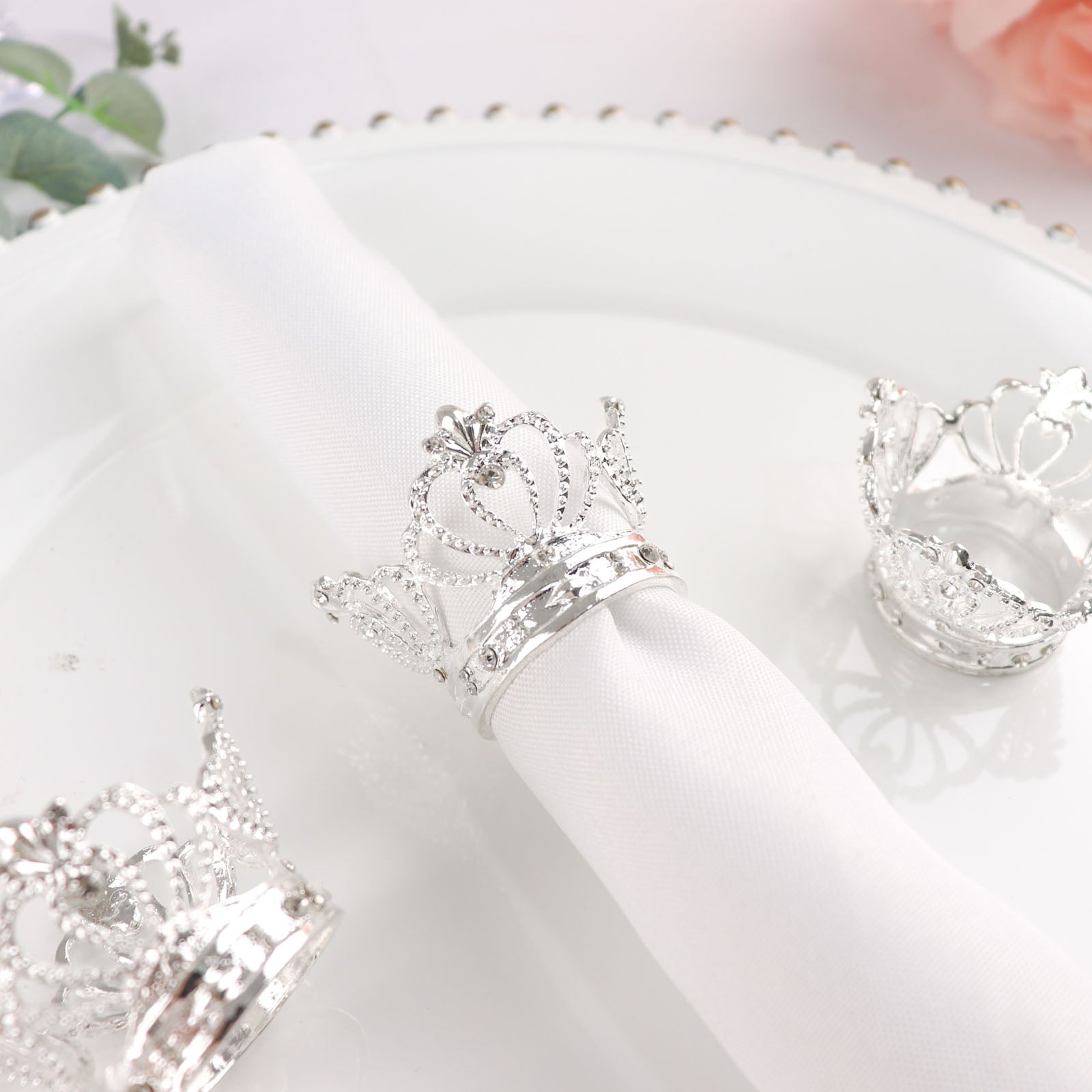 4 Pack of Silver Metallic Crown Rhinestone Napkin Rings