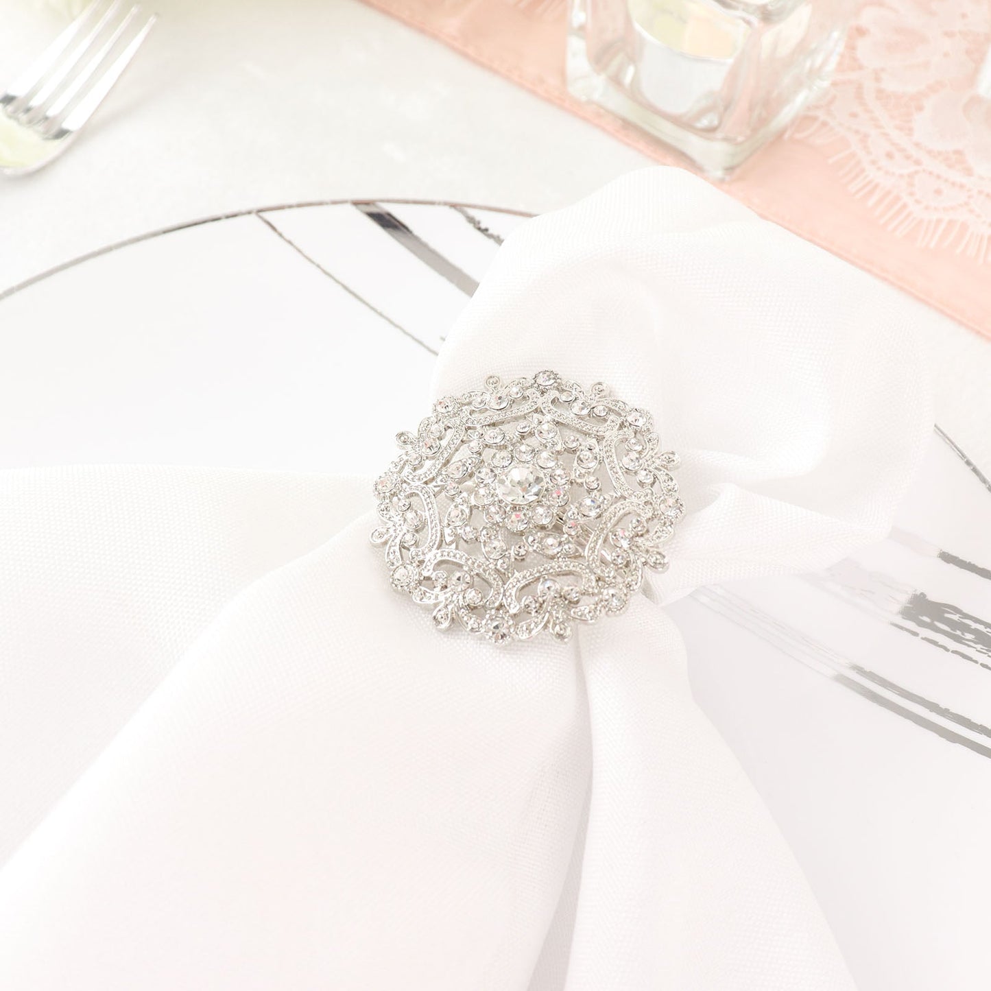 4 Pack | Diamond Rhinestone Silver Metal Flower Napkin Rings, Decorative Napkin Buckle Holders