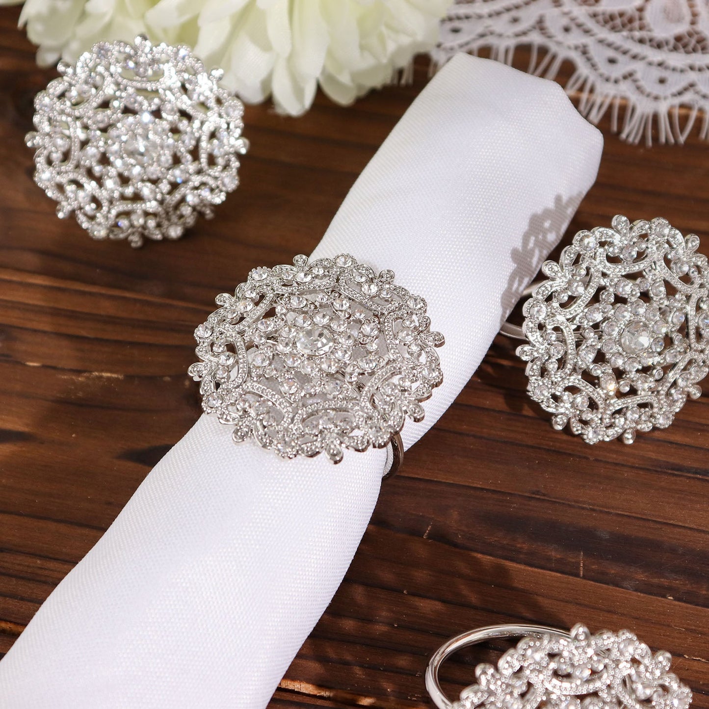 Silver Metal Flower Napkin Rings with Diamond Rhinestones 4 Pack