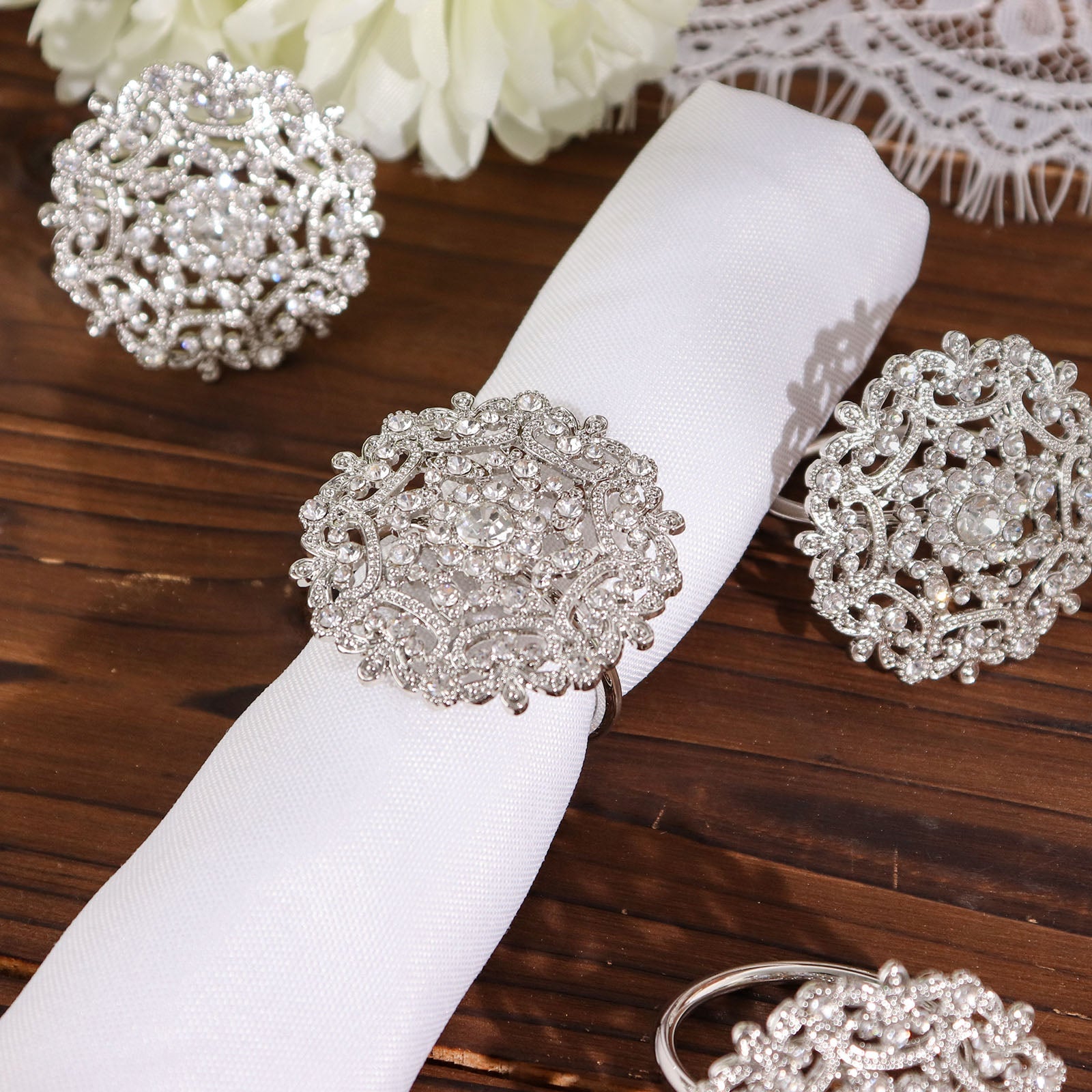 Silver Metal Flower Napkin Rings with Diamond Rhinestones 4 Pack