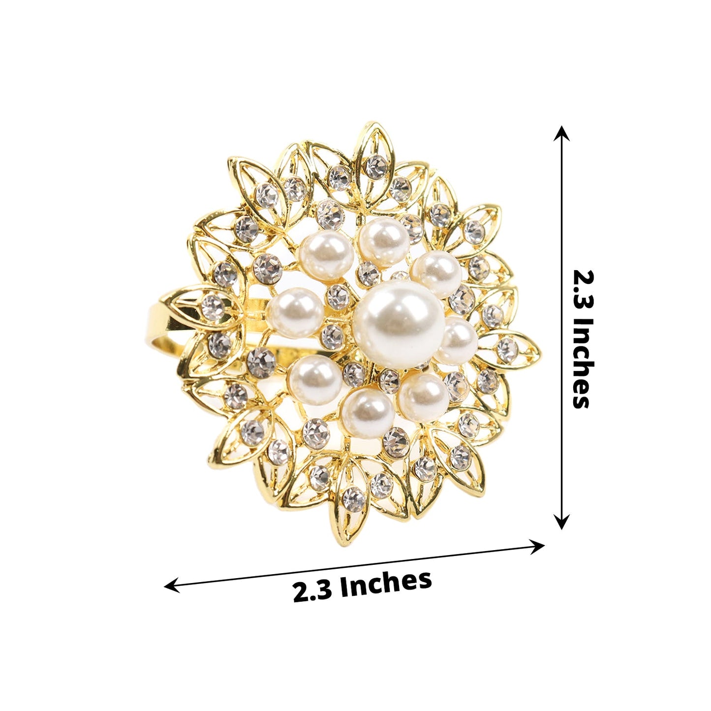 Gold pearl and diamond rhinestone flower napkin ring holder.