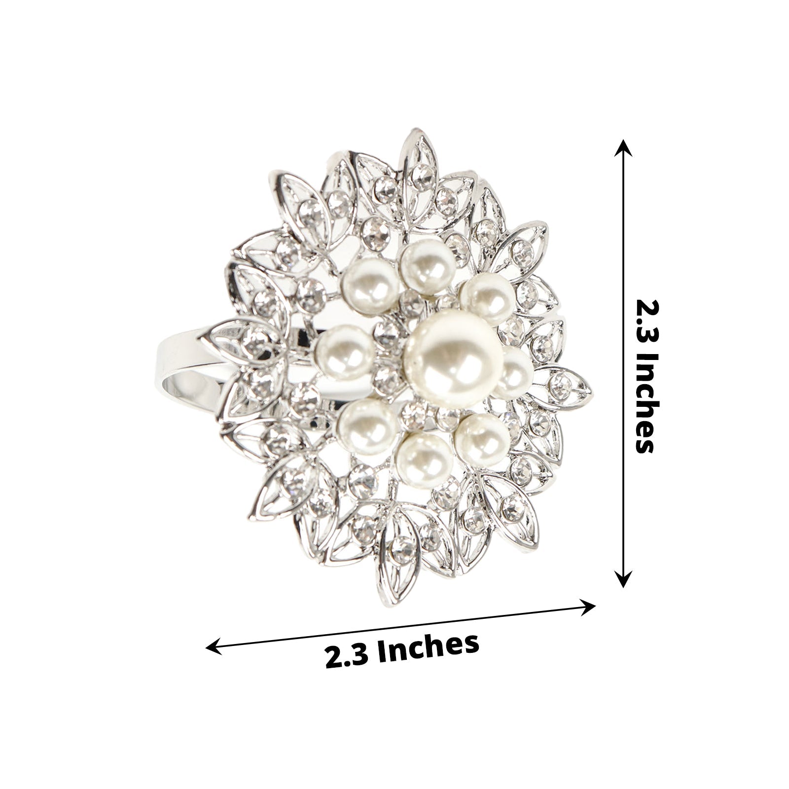 Silver metal flower napkin ring with pearl and diamond rhinestones.
