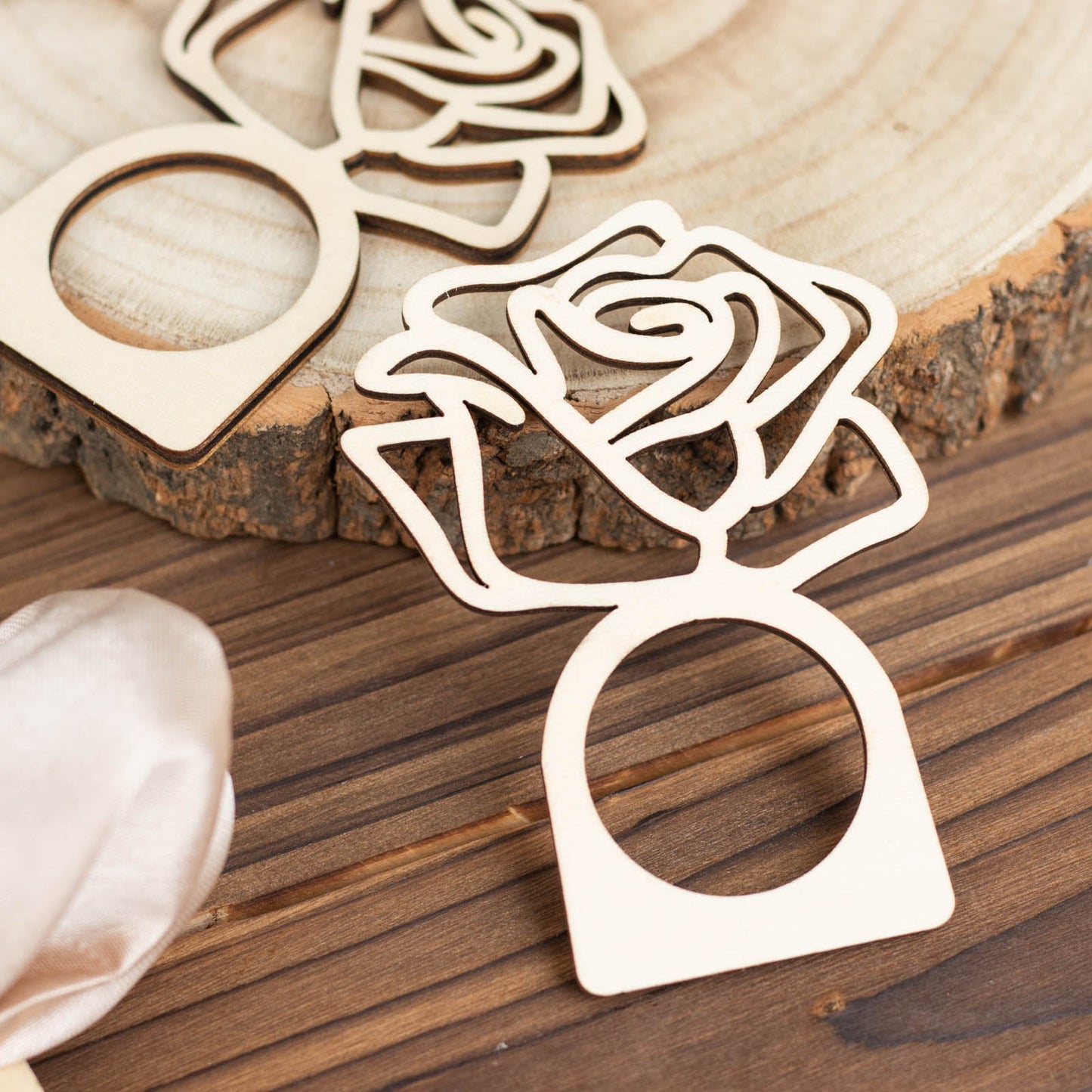 10 Pack | 4inch Natural Wood Laser Cut Rose Design Boho Napkin Rings