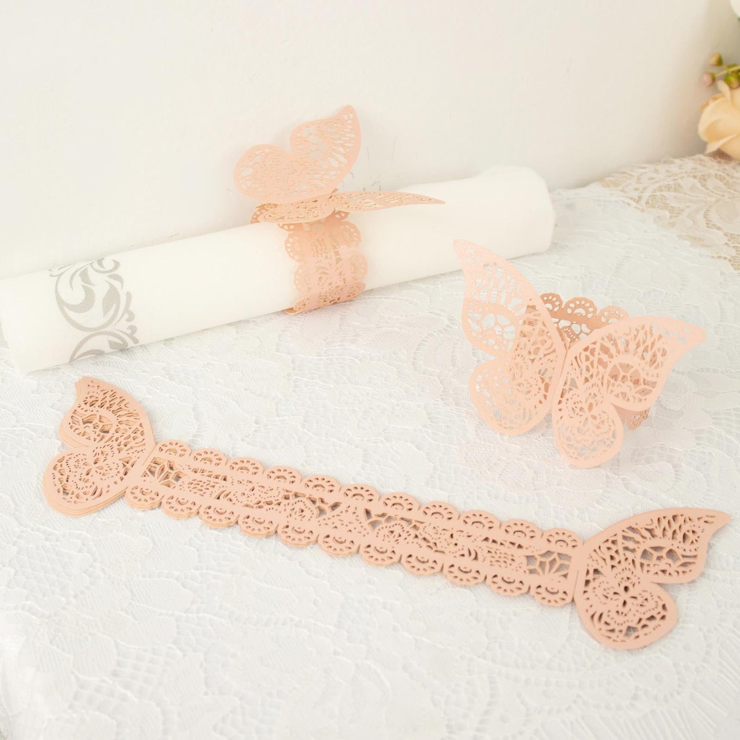 Blush Rose Gold Napkin Rings With 3D Butterfly And Lace Pattern 12 Pack