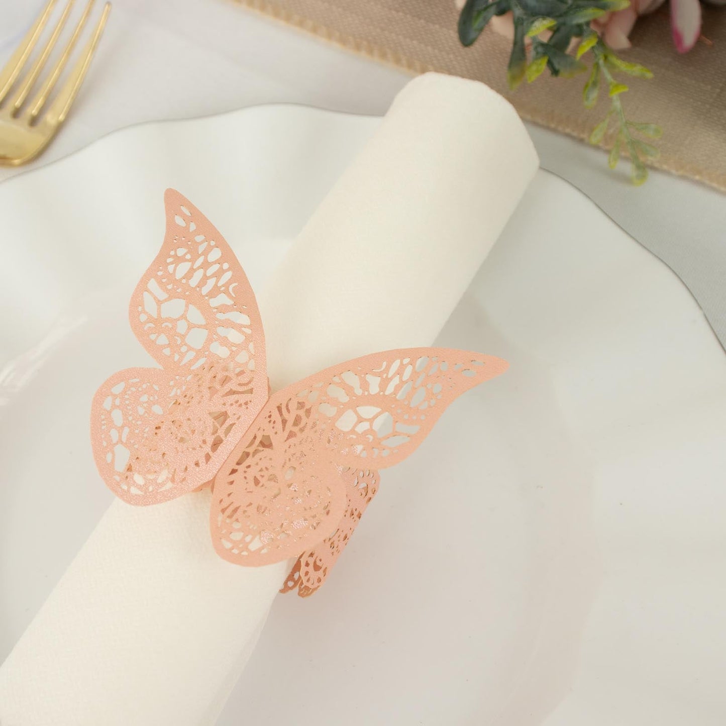 12 Pack Of 3D Butterfly Napkin Rings Blush Rose Gold Color With Shimmery Lace Pattern