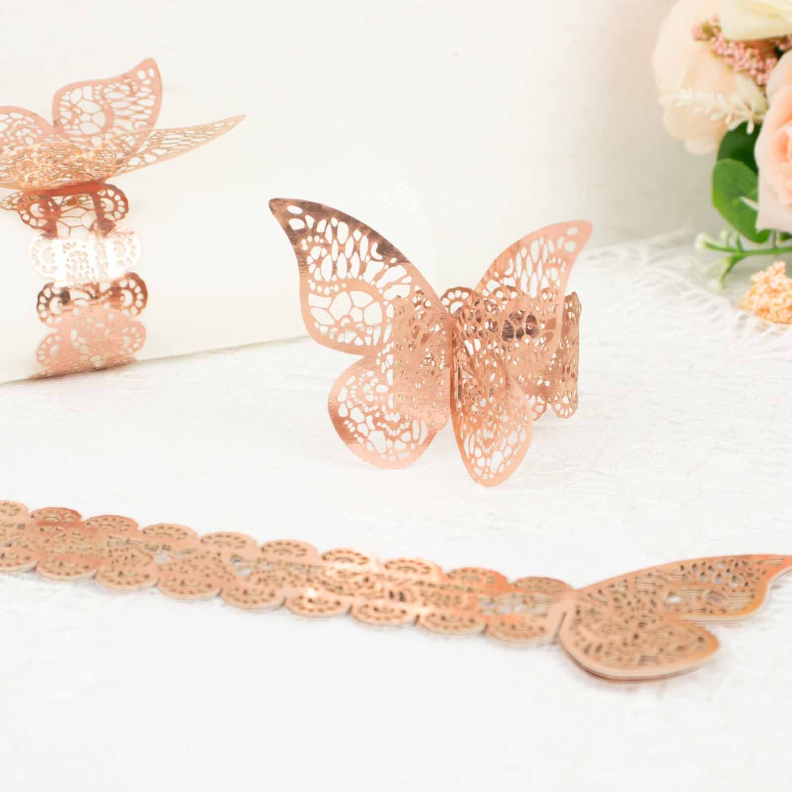 12 Pack | Metallic Rose Gold Foil Laser Cut Butterfly Paper Napkin Rings