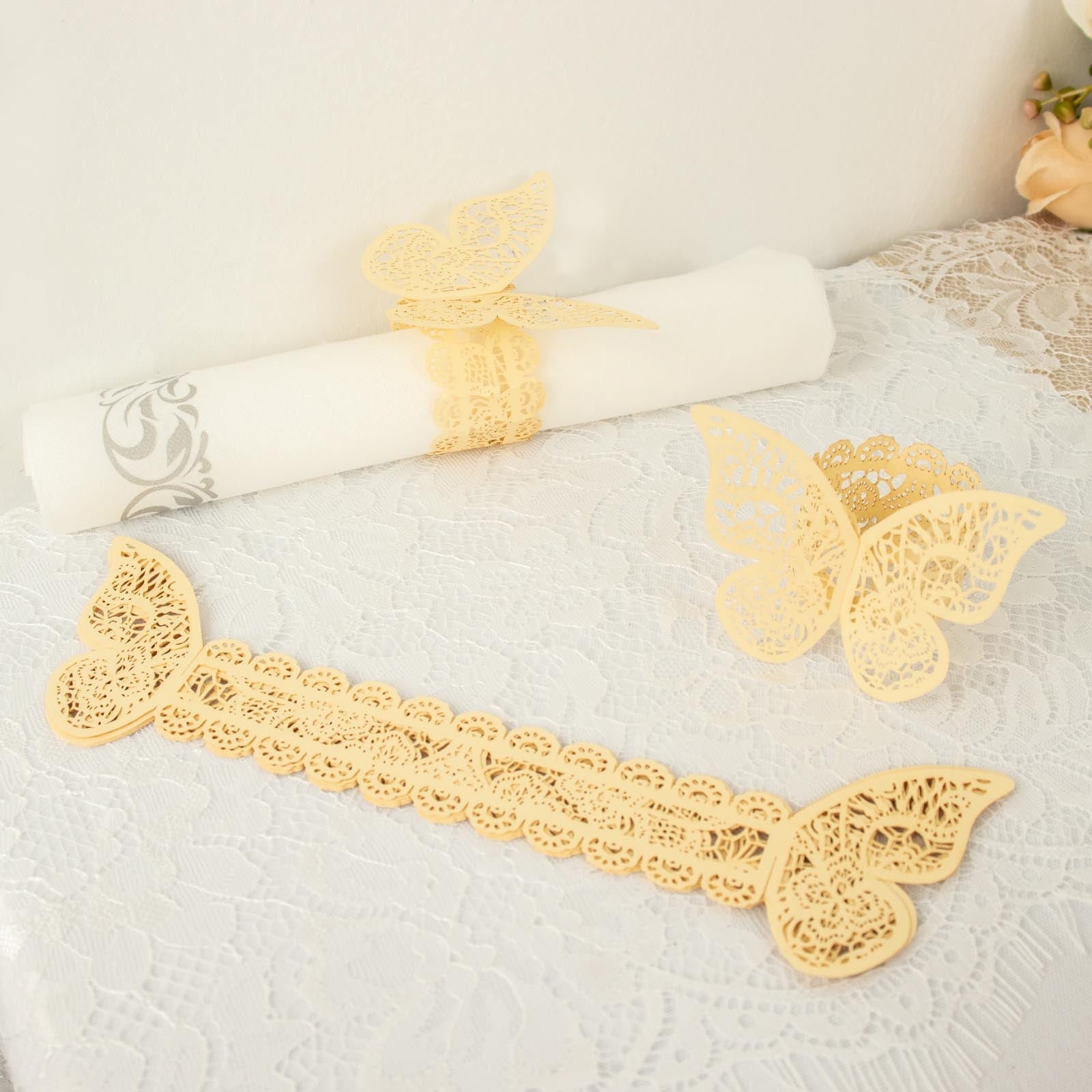 12 Pack Champagne 3D Butterfly Napkin Rings With Shimmery Lace Pattern