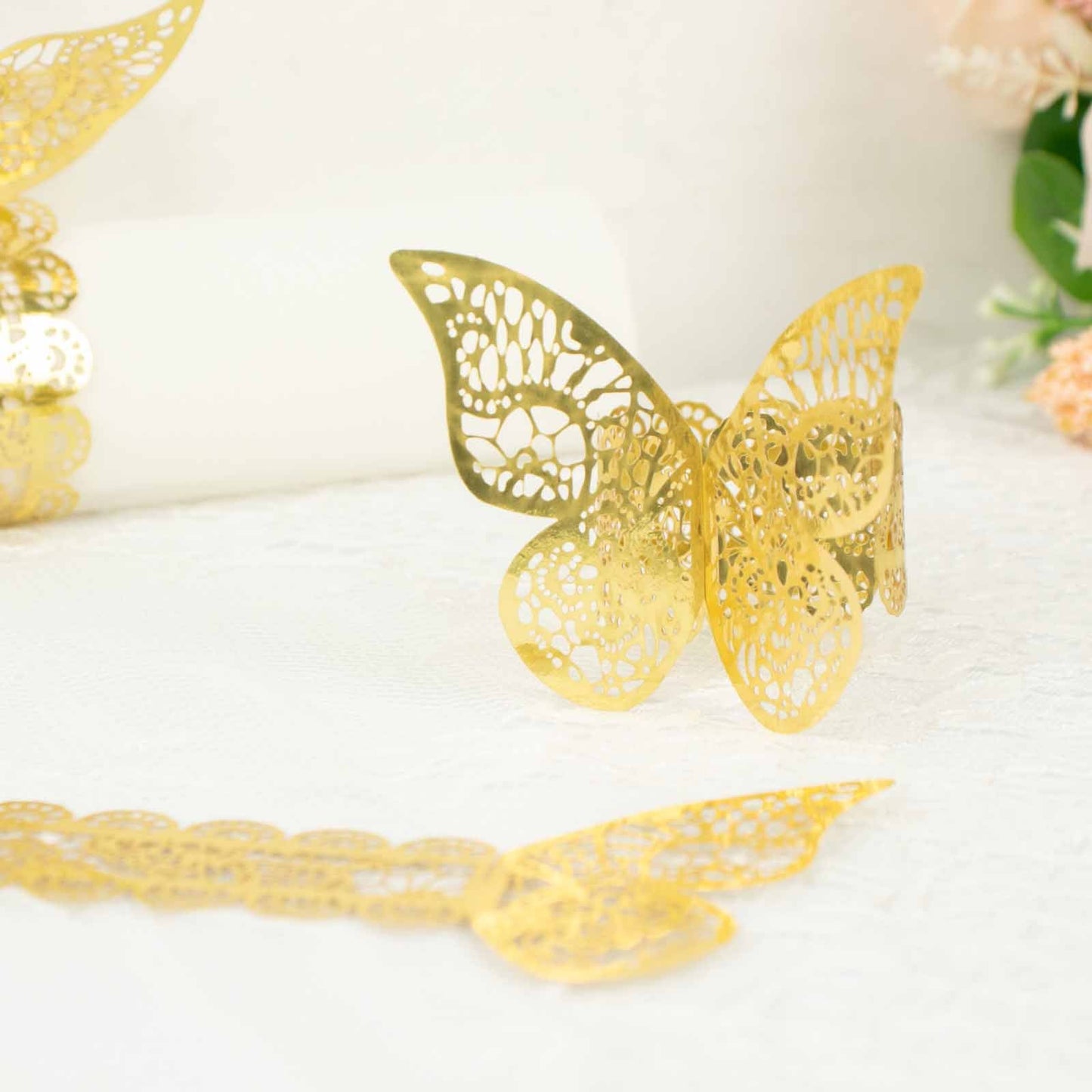12 Pack | Metallic Gold Foil Laser Cut Butterfly Paper Napkin Rings