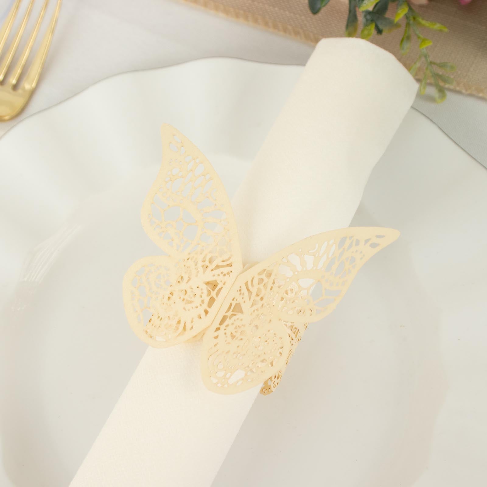Ivory Paper Napkin Rings 12 Pack 3D Butterfly With Lace Pattern