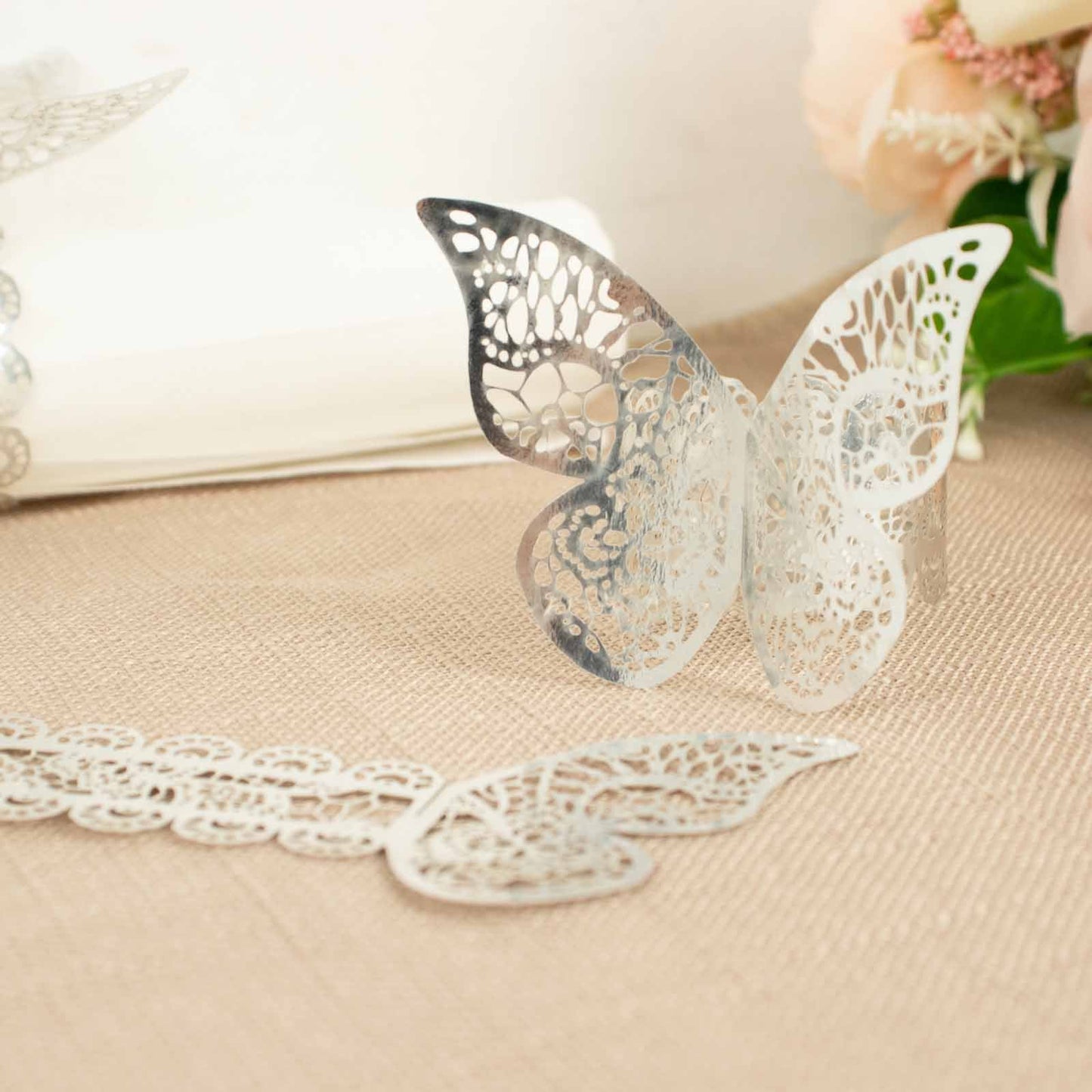 12 Pack | Metallic Silver Foil Laser Cut Butterfly Paper Napkin Rings