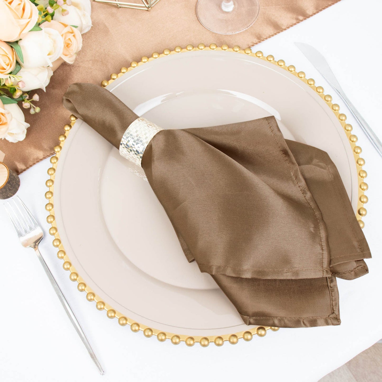 5 Pack Taupe Satin Cloth Napkins with Hemmed Edges, Reusable Dinner Napkins - 20"x20"