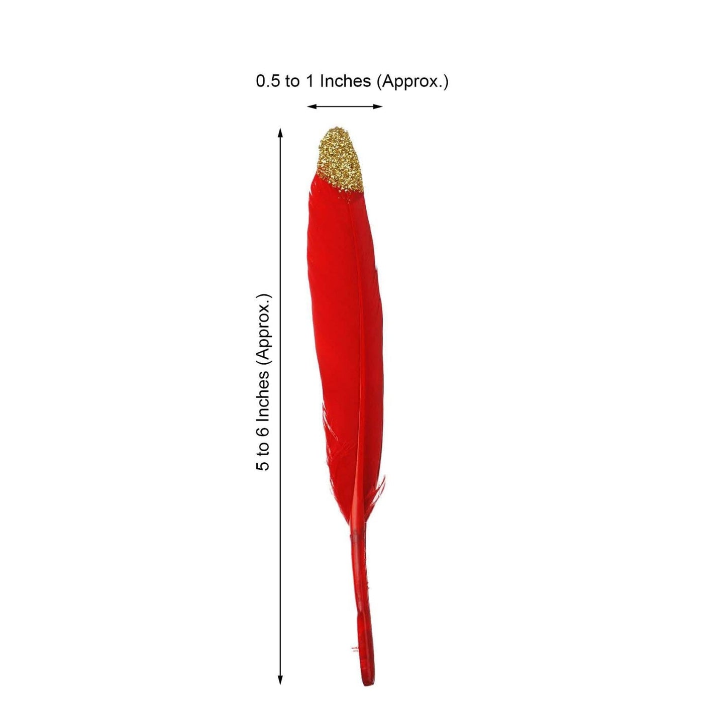 Glitter gold tip red turkey feather for craft and party decoration.